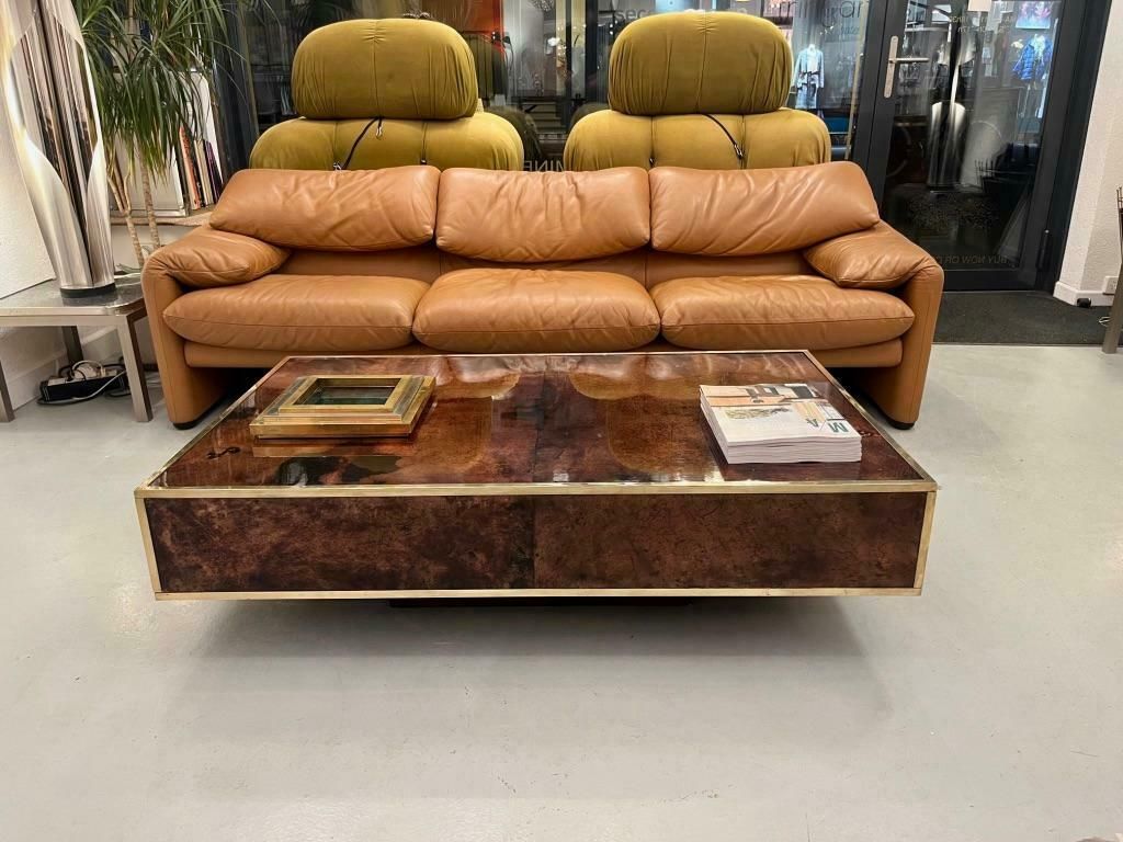Furniture Vintage Goatskin & Brass Coffee Table By Aldo Tura, Italy Ca. 1970s photo