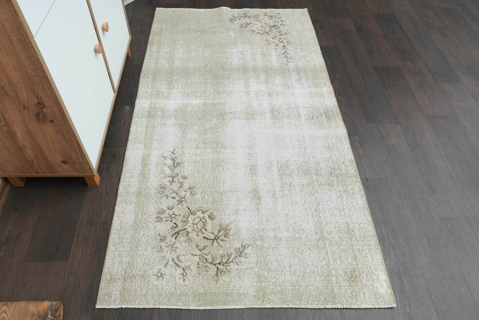 3x6 Green Brown Oushak Rug, Handmade Rug, Turkish Rug, Vintage Rug, 3x6 Runner Rug, Kitchen Rug, Hallway Rug, Distressed Rug, 3.5x6.3 Ft photo Textiles