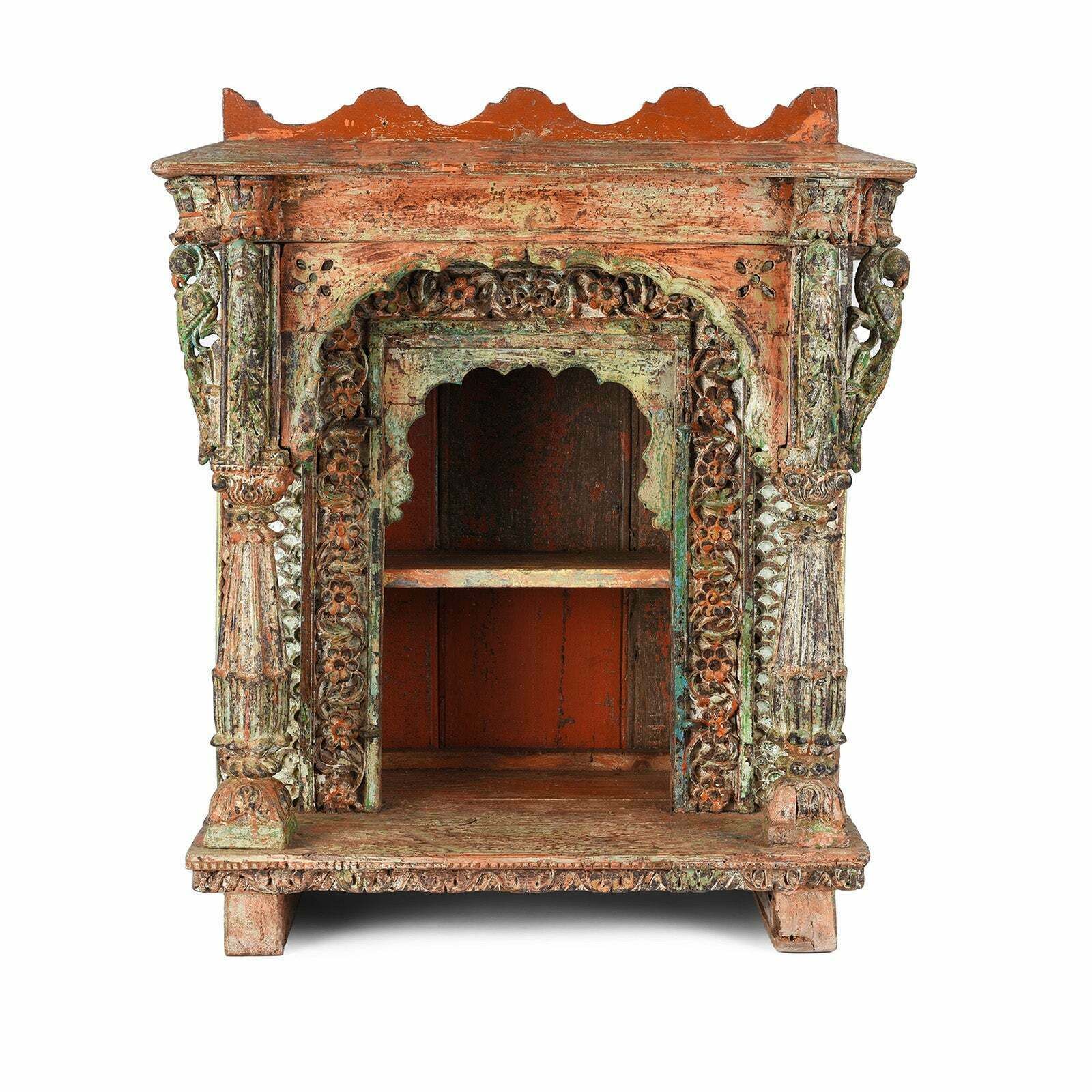 Antique Painted Indian Teak House Shrine From Gujarat, 19th Century