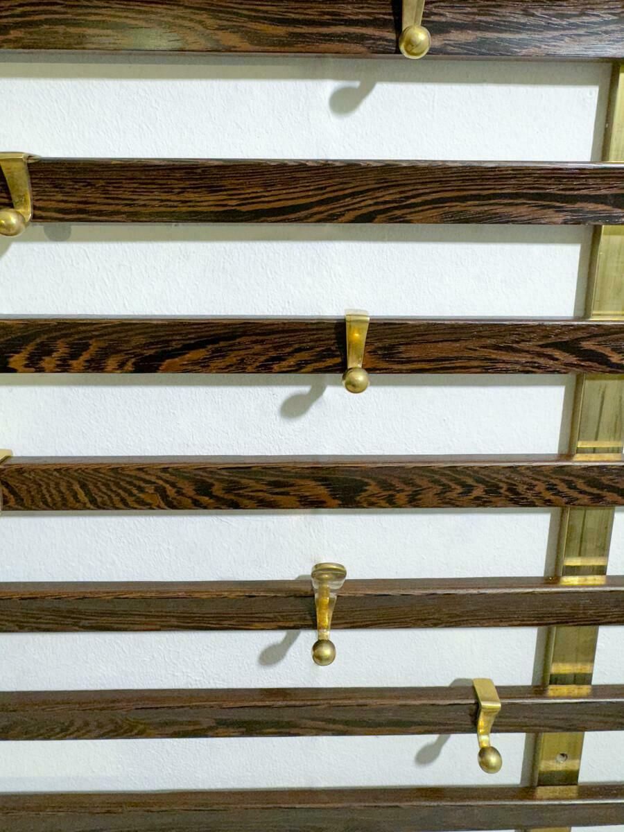 Mid Century Slatted Coat Rack By Jules Wabbes, Brass Hooks, Belgium, 1950s photo furniture