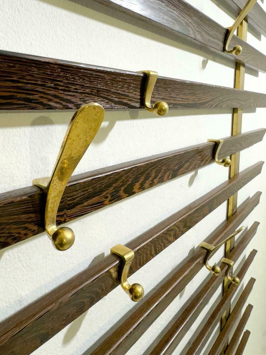 Mid Century Slatted Coat Rack By Jules Wabbes, Brass Hooks, Belgium, 1950s photo for sale