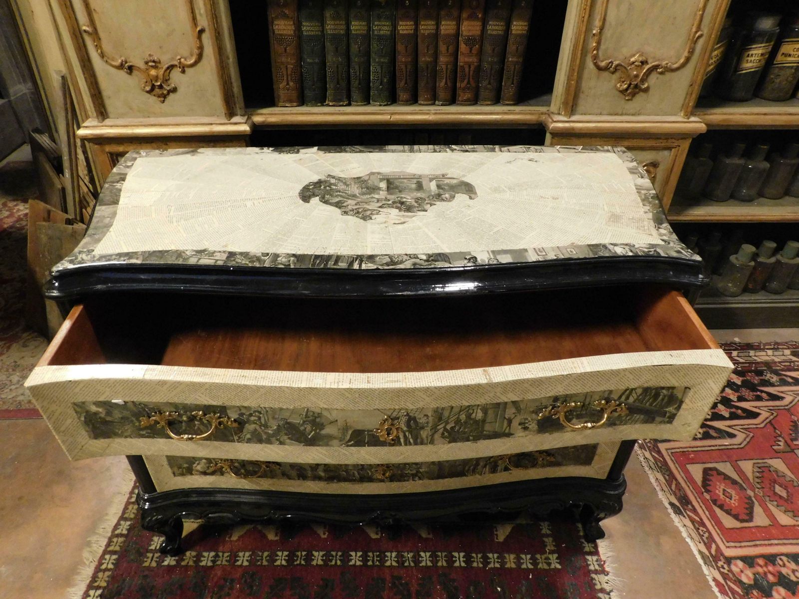 Vintage Black/White Wooden Dresser With Three Drawers, Covered In Paper, France photo Furniture