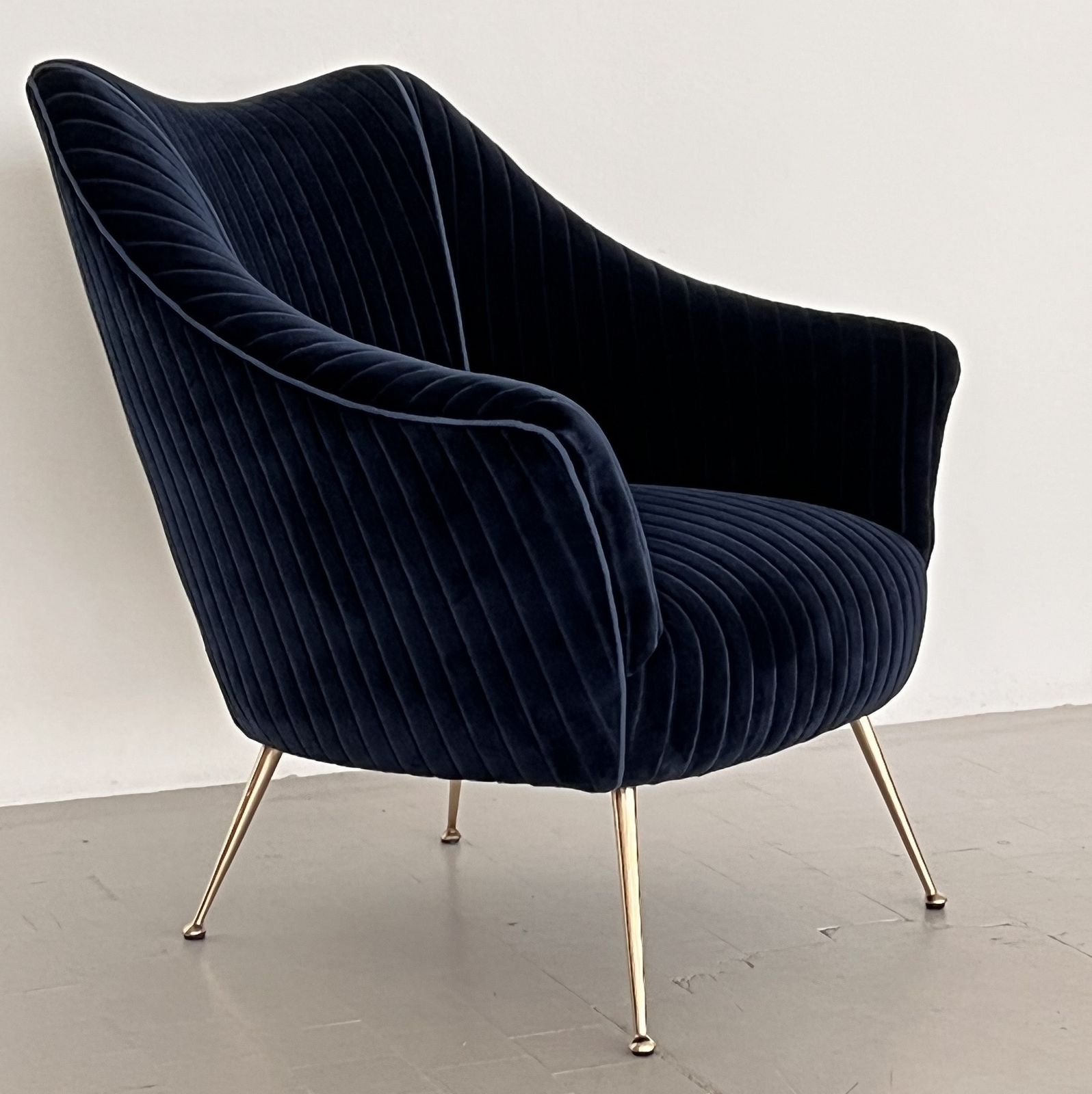 Italian Mid Century Armchair With Brass Legs Reupholstered In Magnificent Blue Velvet photo vintage
