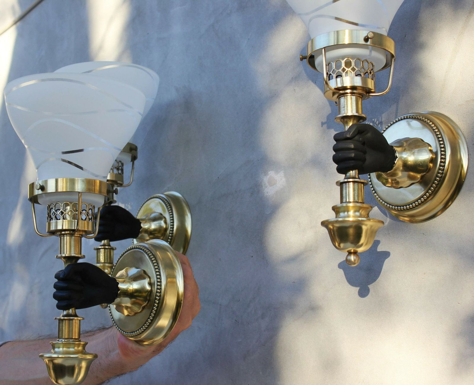 Maison Jansen Style Polished Brass Sconces, Rare Set Of Three Wall Lamps, Hollywood Regency Home Design photo buy