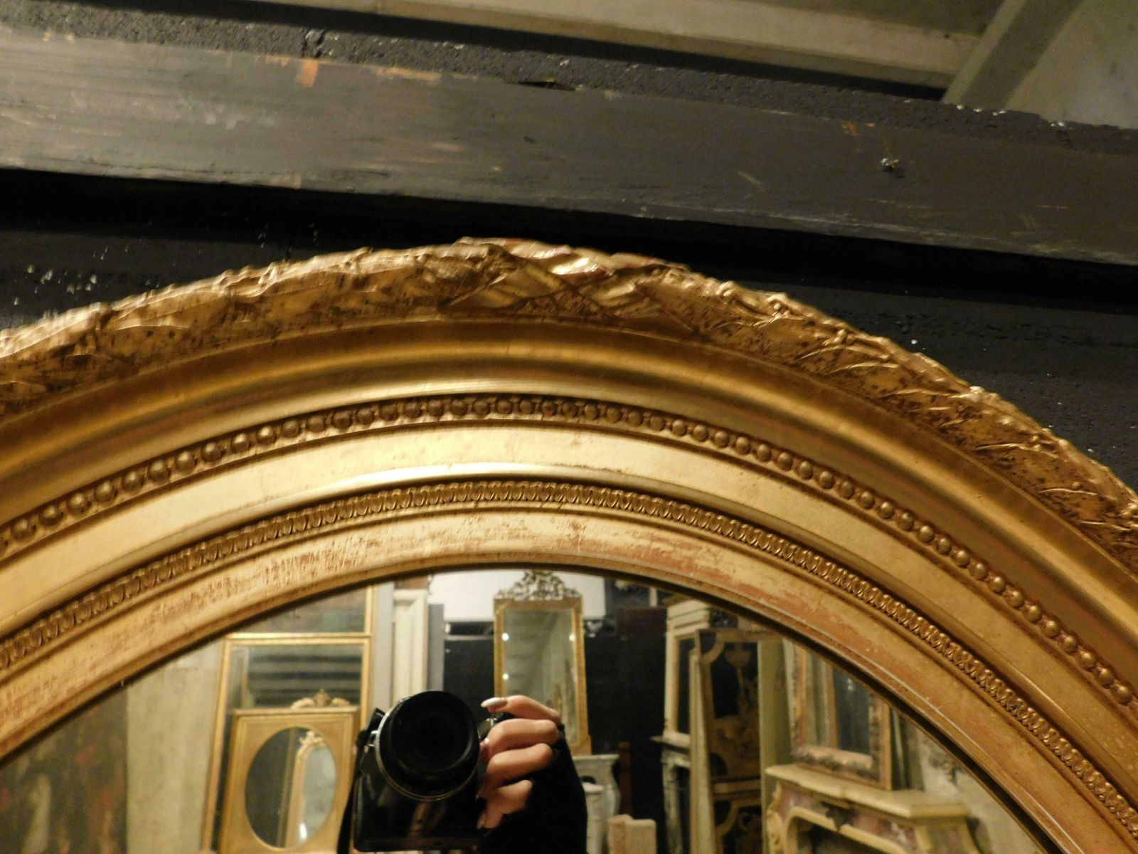 Old Oval Mirror In Gilded Wood Carved, Italy photo vinterior