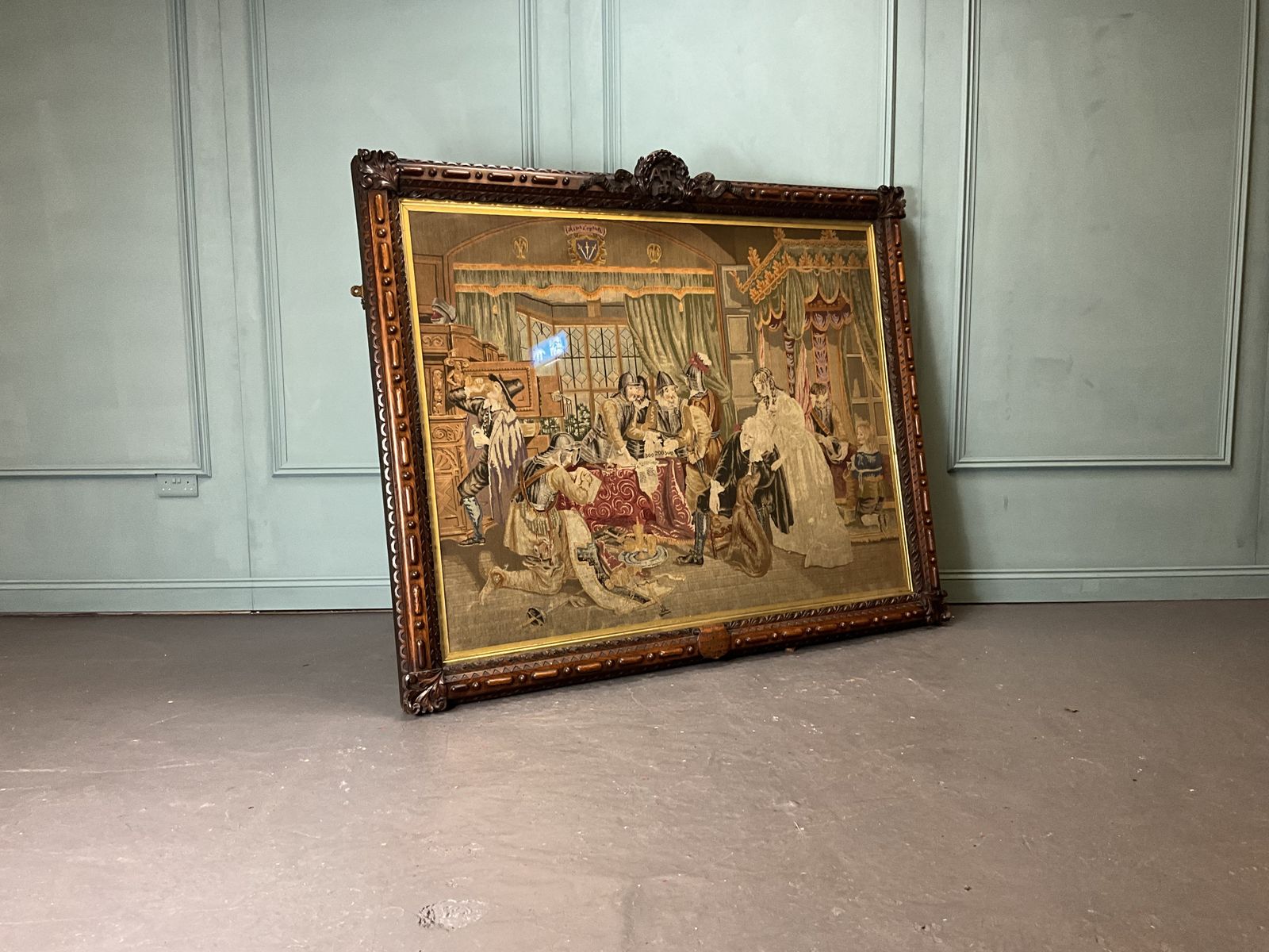 Huge Victorian Tapestry In Ornately Carved Oak Frame. Civil War Interest photo vinterior