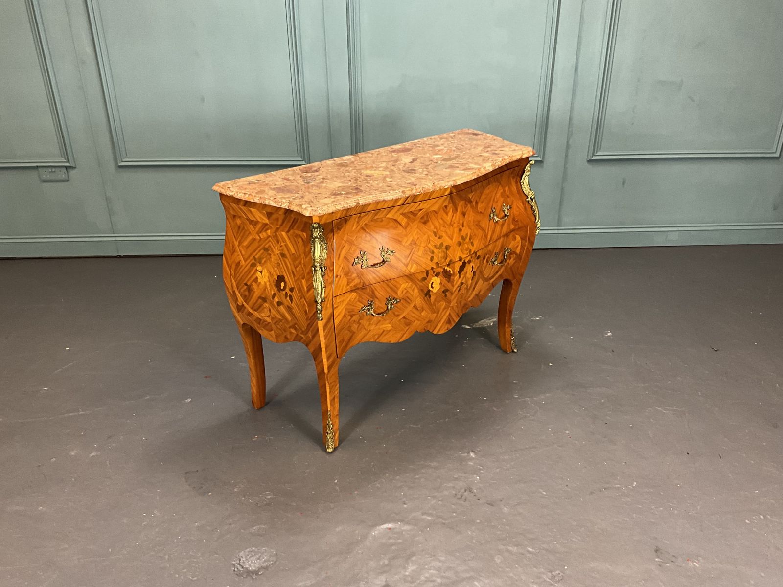 Marble Topped Inlaid Bombe Chest Of Drawers photo furniture