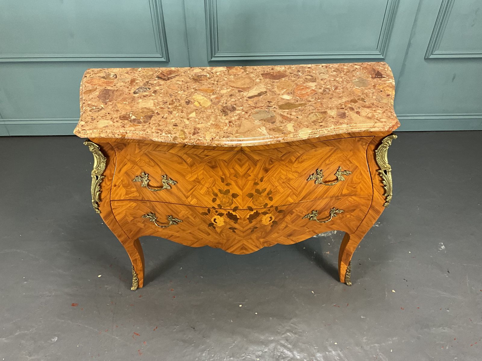 Marble Topped Inlaid Bombe Chest Of Drawers photo Furniture