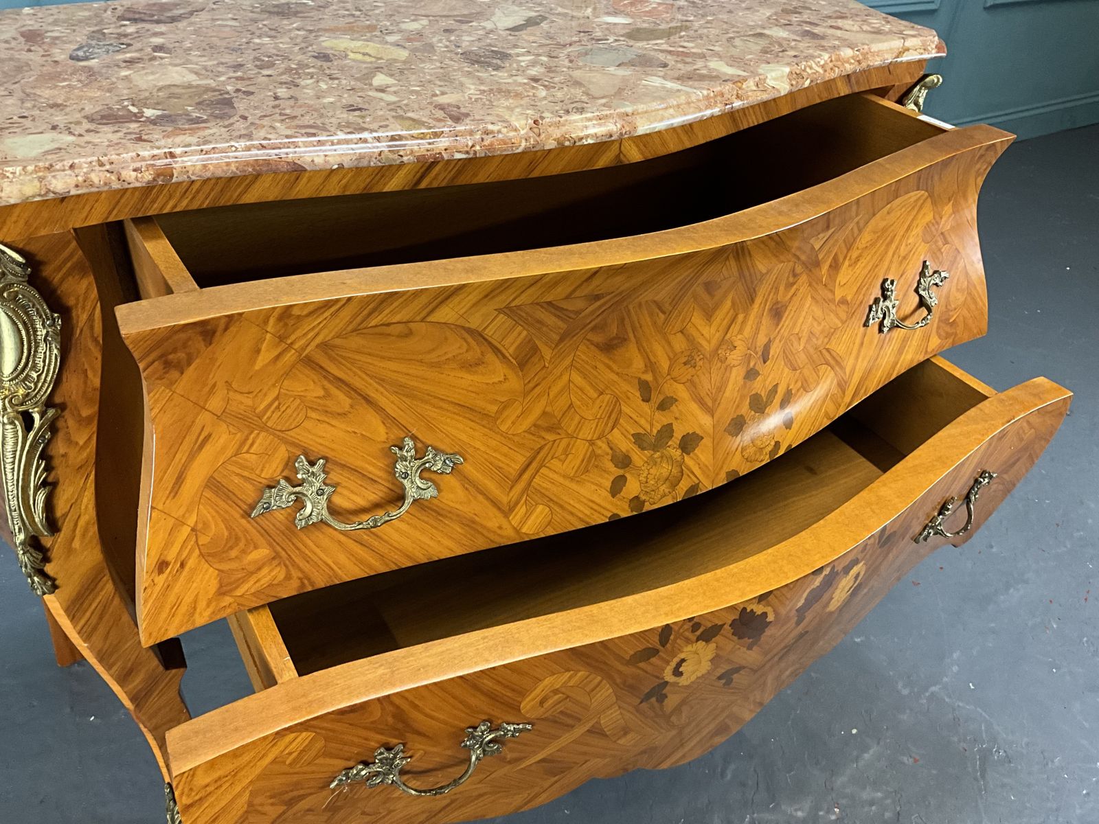 Marble Topped Inlaid Bombe Chest Of Drawers photo vinterior
