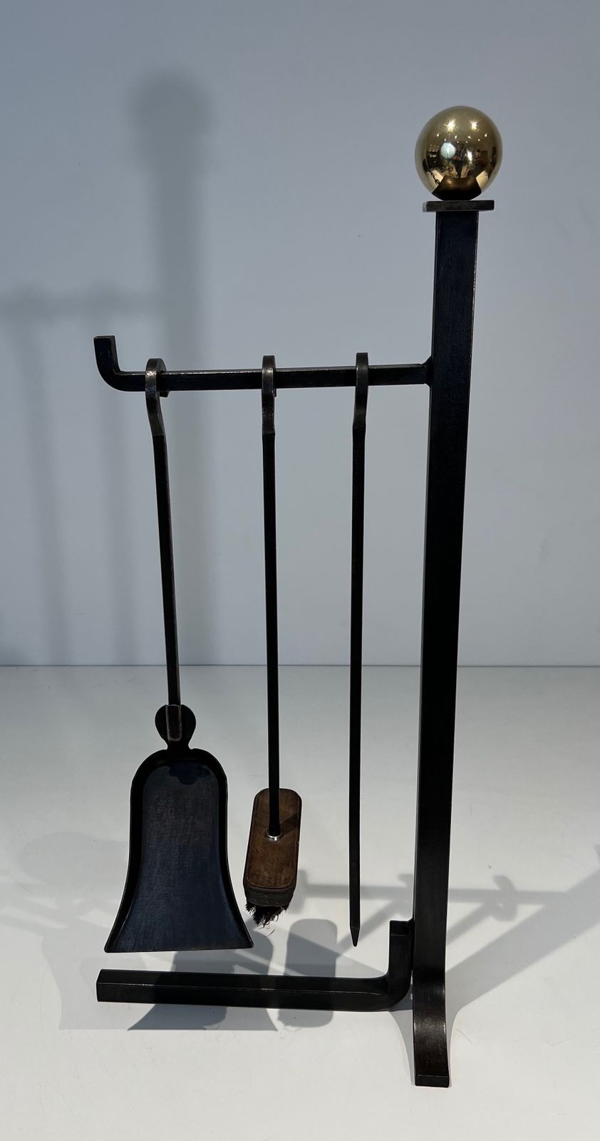 Modernist Fire Kit In Steel And Brass In The Taste Of Jacques Adnet photo for sale