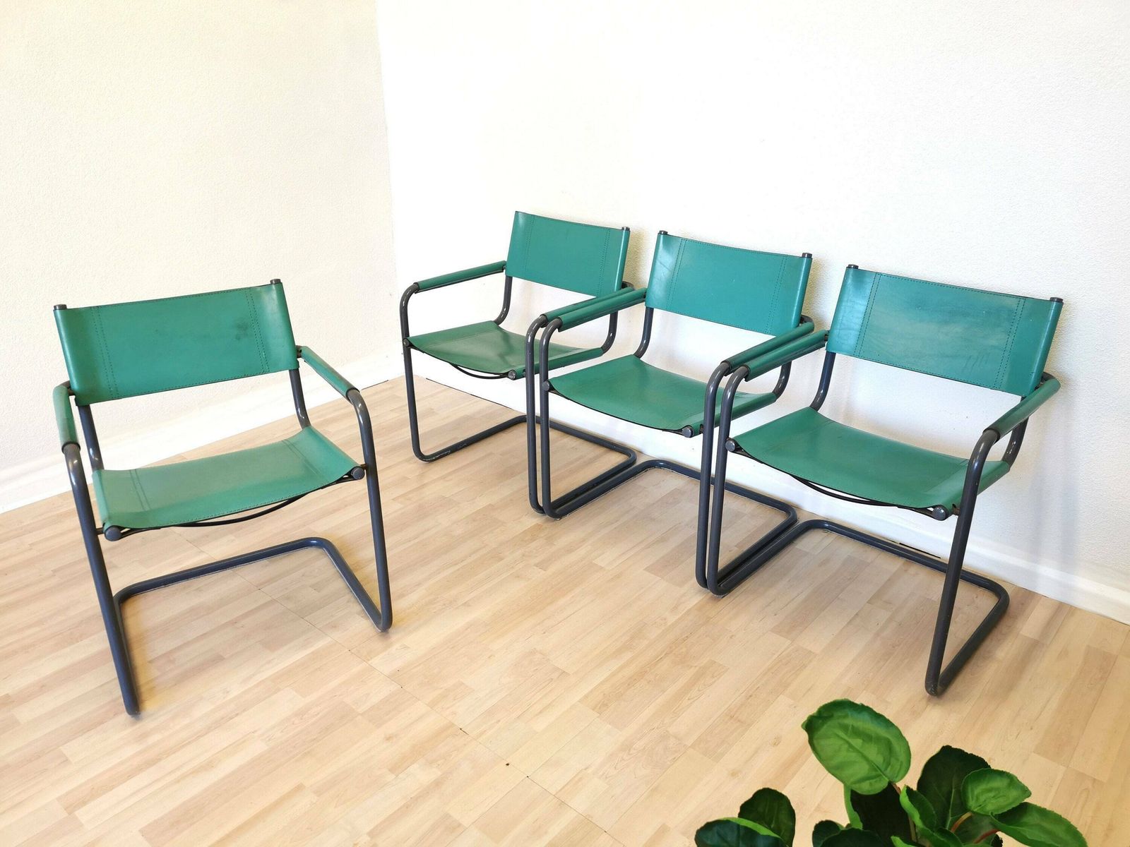 1 Of 4 Vintage Mart Stam Style S34 Armchairs With Turquoise Leather / Mid Century Cantilever Marcel Breuer Black Tubular Blue Dining Chair