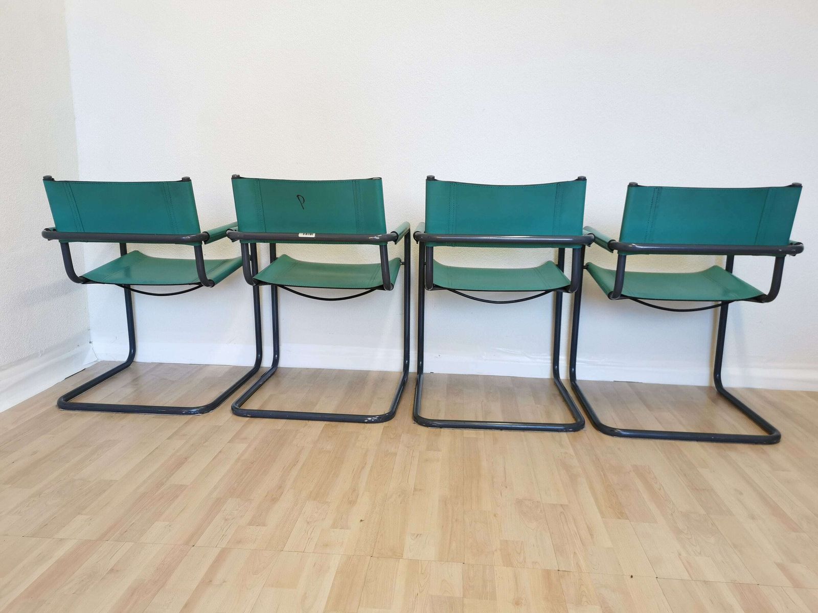 1 Of 4 Vintage Mart Stam Style S34 Armchairs With Turquoise Leather / Mid Century Cantilever Marcel Breuer Black Tubular Blue Dining Chair photo Furniture
