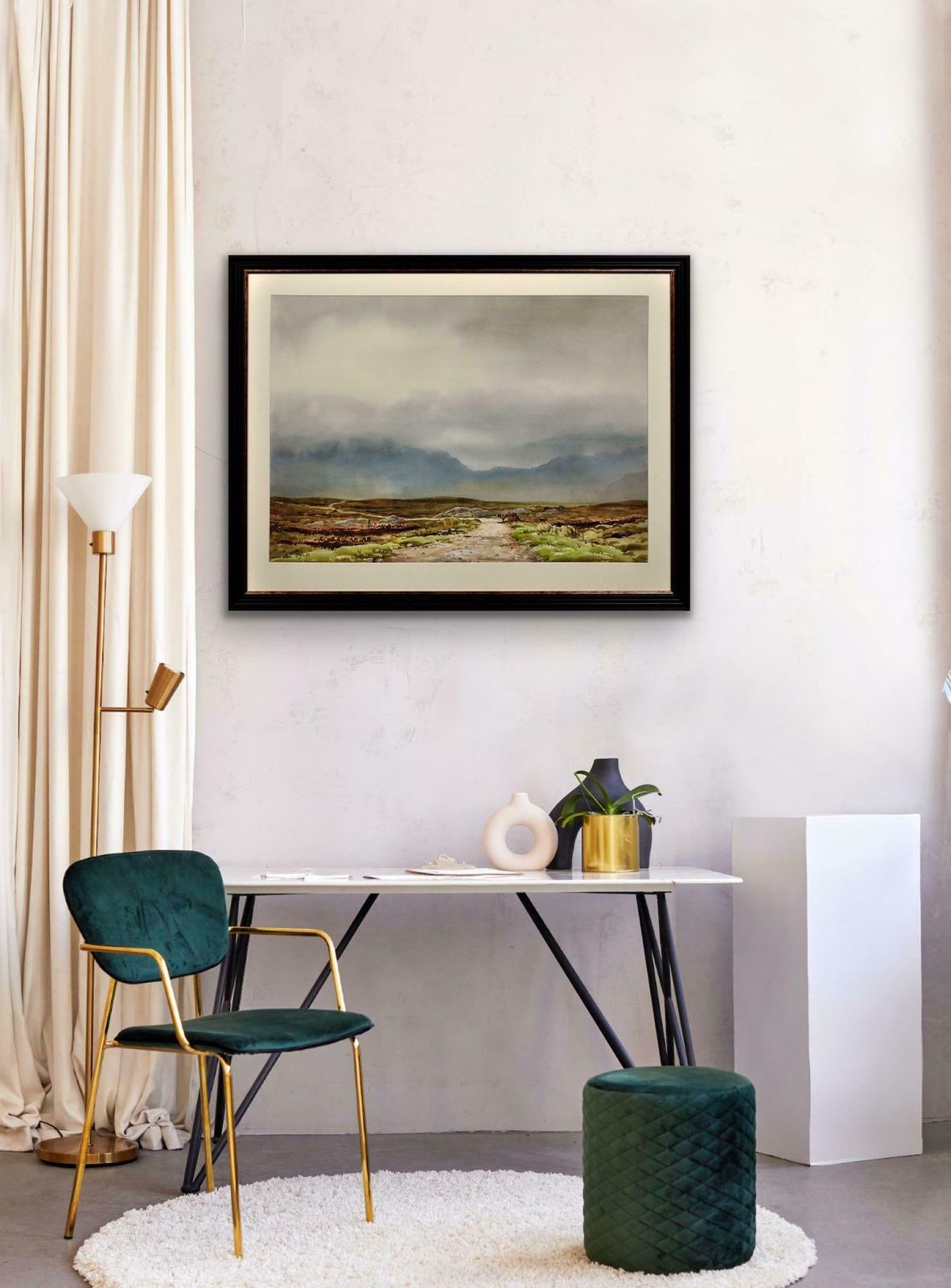 photo vinterior Frank Egginton 1908 To 1990. The Maamturk Mountains From Recess, Connemara, Ireland. Framed Irish Watercolour.