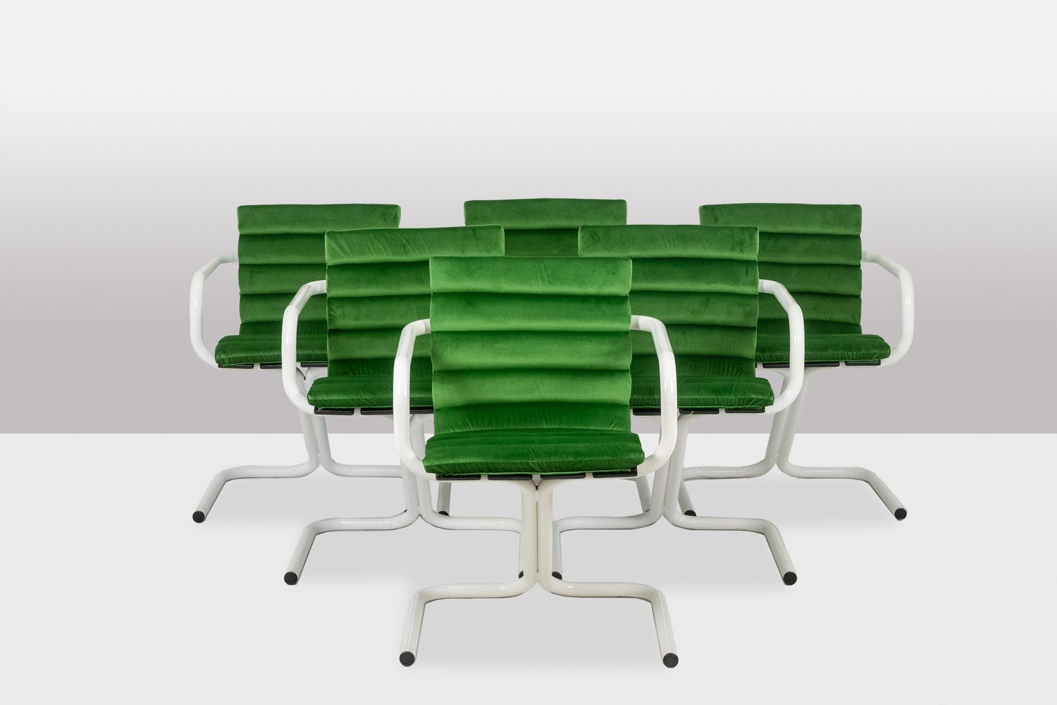 photo vinterior Series Of 6 Armchairs In White Lacquered Metal And Velvet. 1970s.
