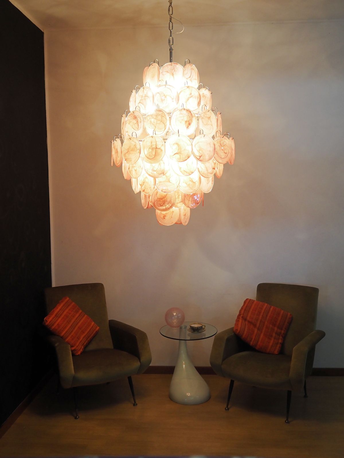 Huge Vintage Italian Murano Chandelier   87 Pink Alabaster Disks photo for sale