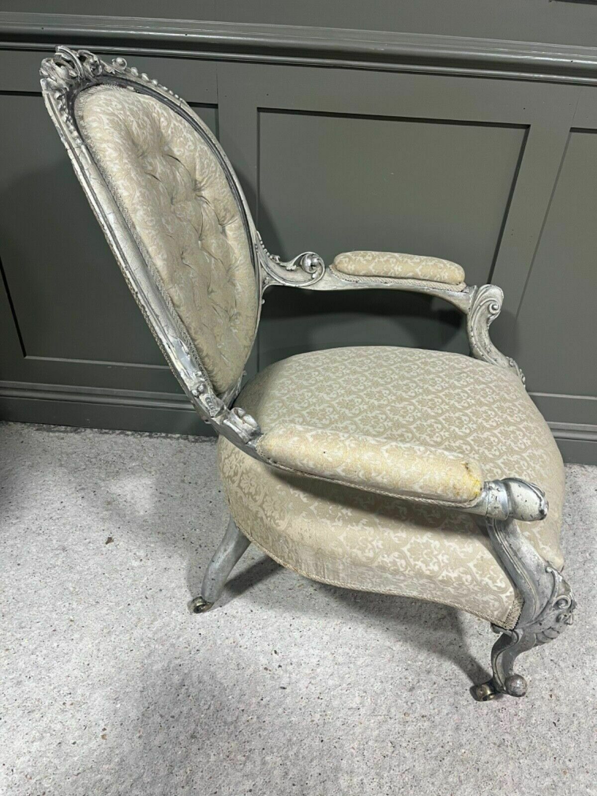 Antique Armchair French Carved Wood With Silver Frame photo vinterior