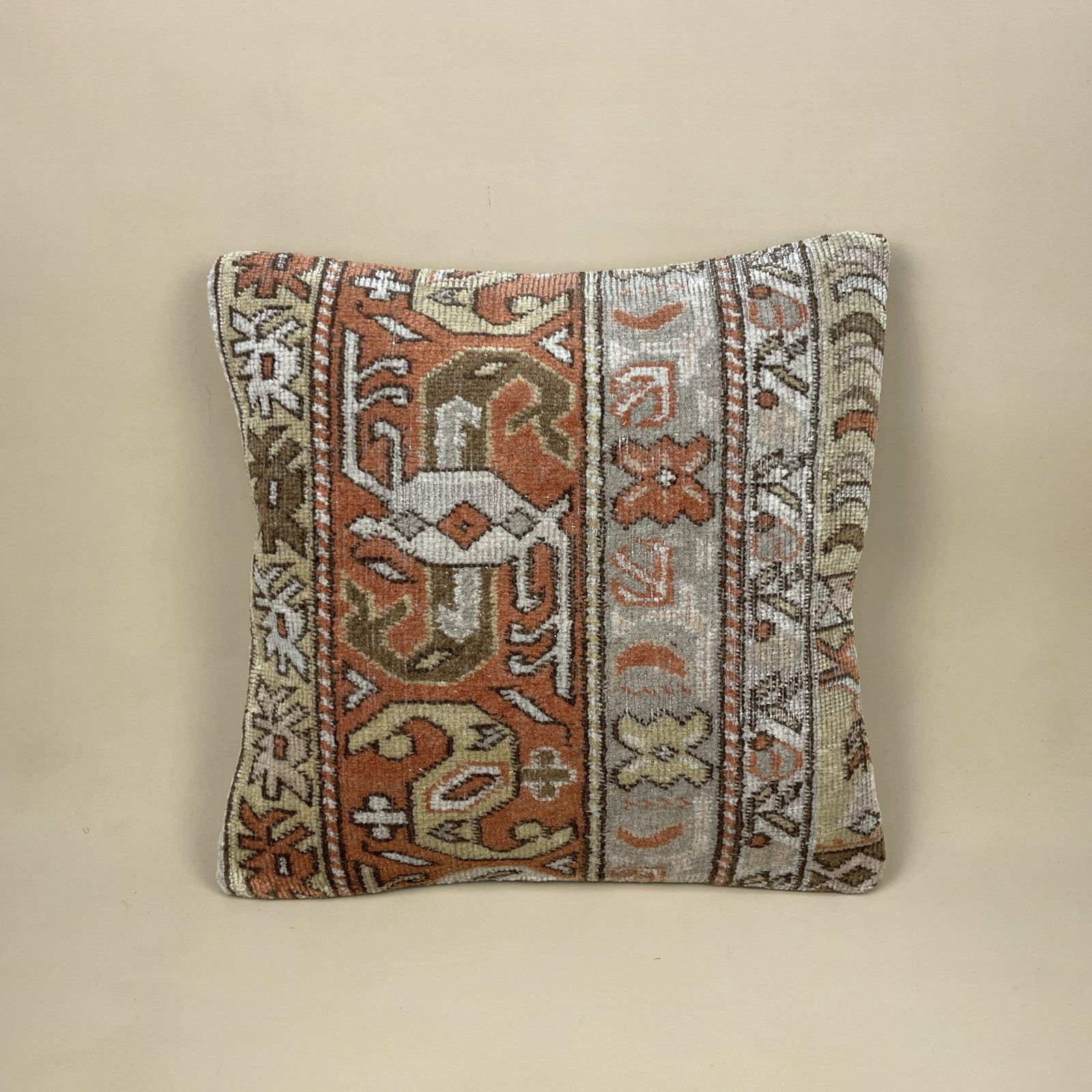 Antique Kilim Cushion Turkish Pillow Feather Filled Handwoven Geometric Beige Red