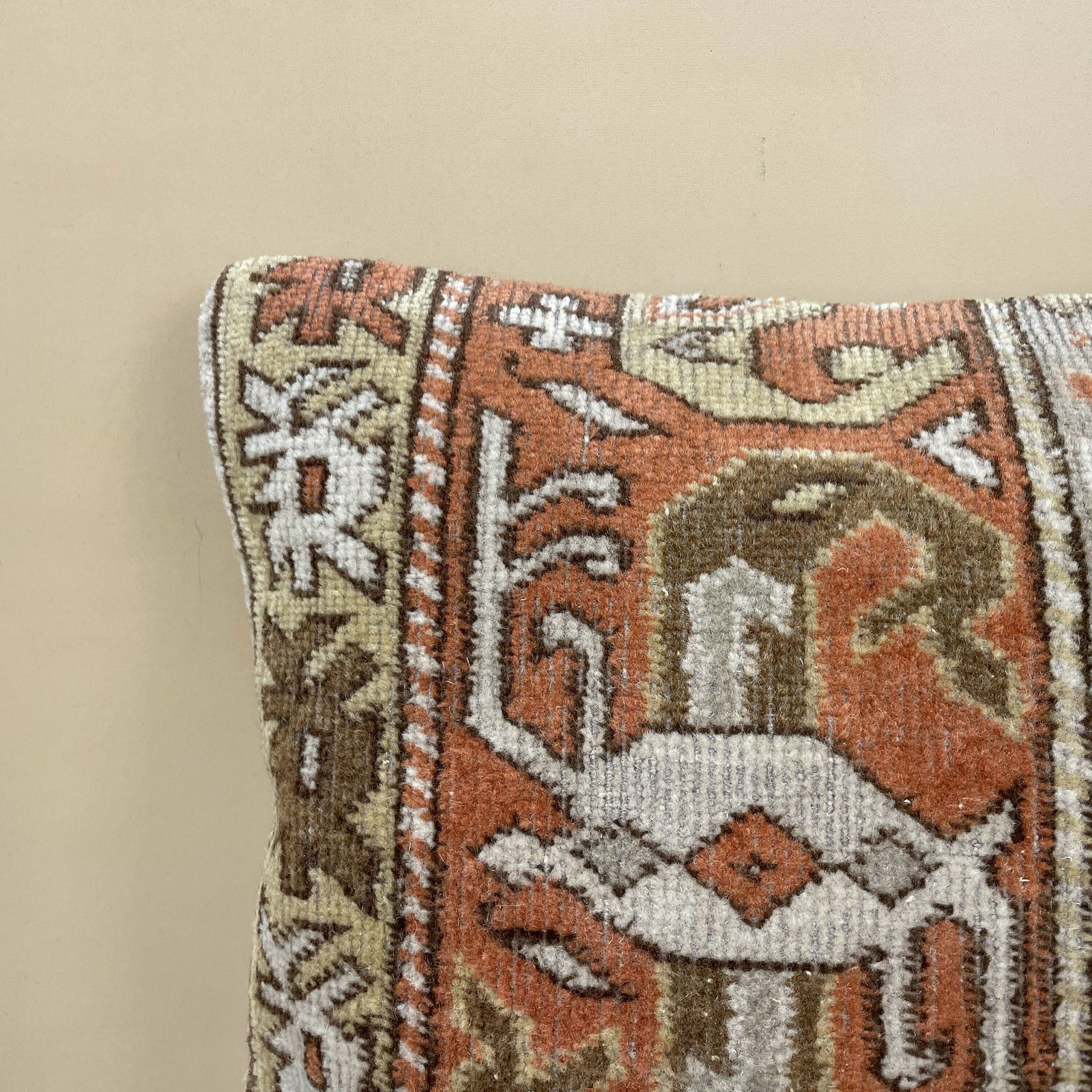 Antique Kilim Cushion Turkish Pillow Feather Filled Handwoven Geometric Beige Red photo for sale