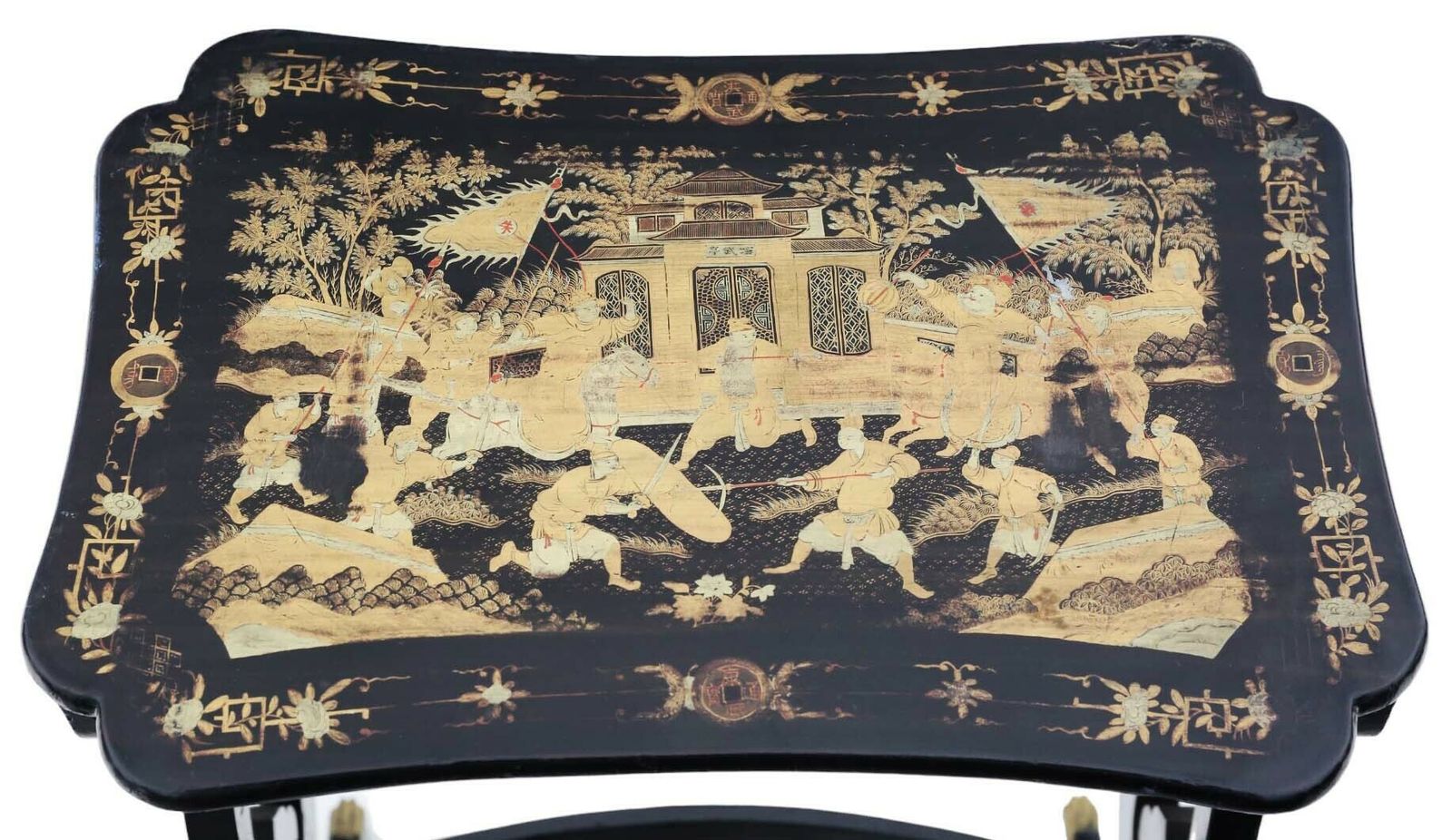 Antique Fine Quality Chinoiserie Boulle Work Black Lacquer Nest Of 4 19th Century Tables photo vinterior