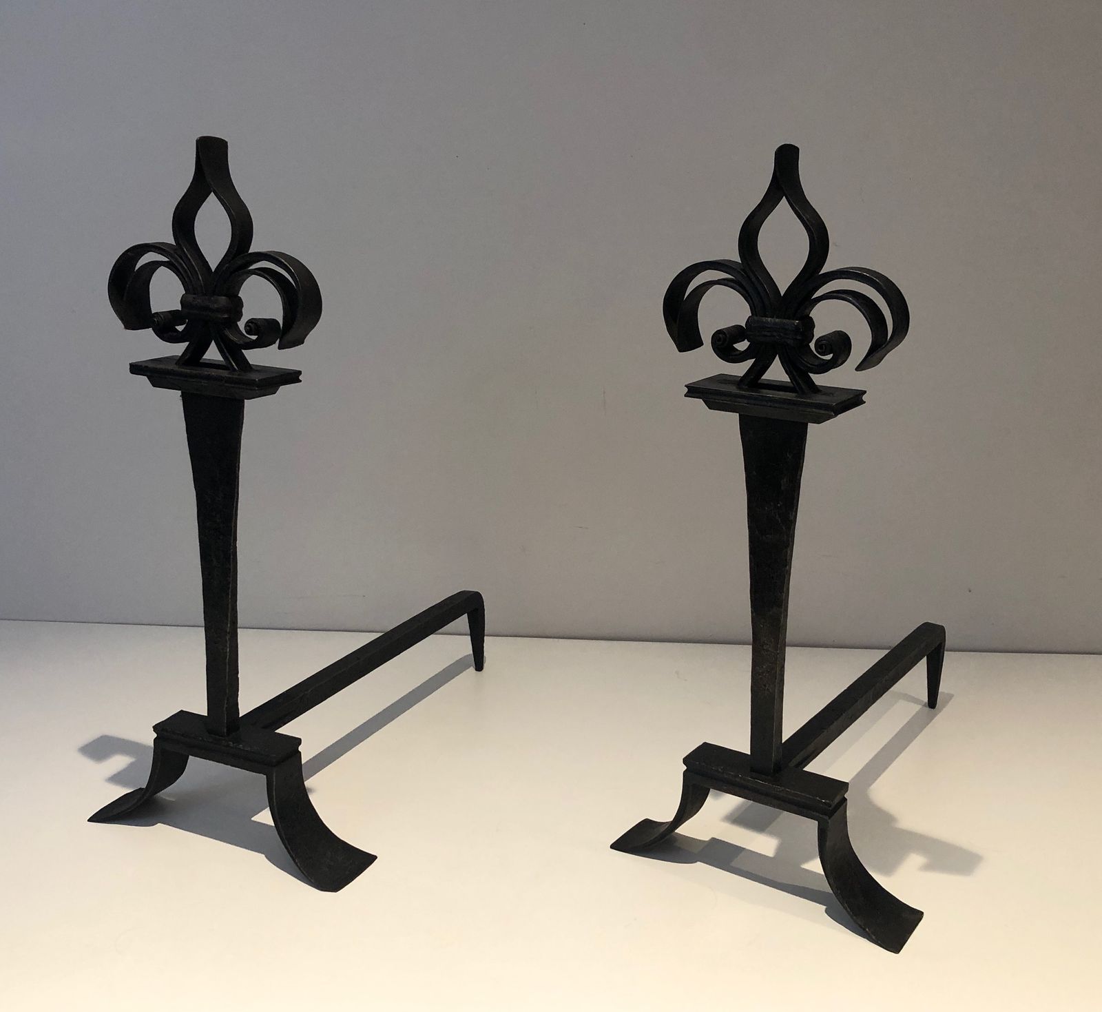 Important Pair Of Wrought Iron Andirons With Fleurs De Lys photo for sale