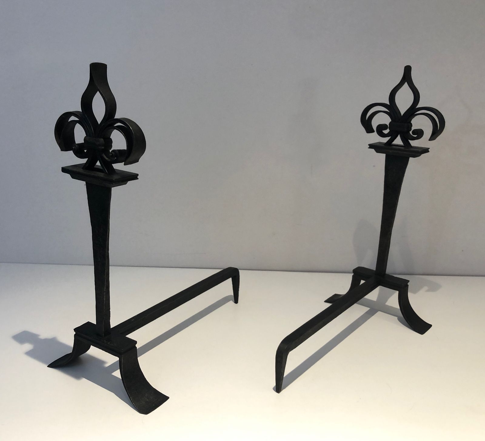 Important Pair Of Wrought Iron Andirons With Fleurs De Lys photo vinterior