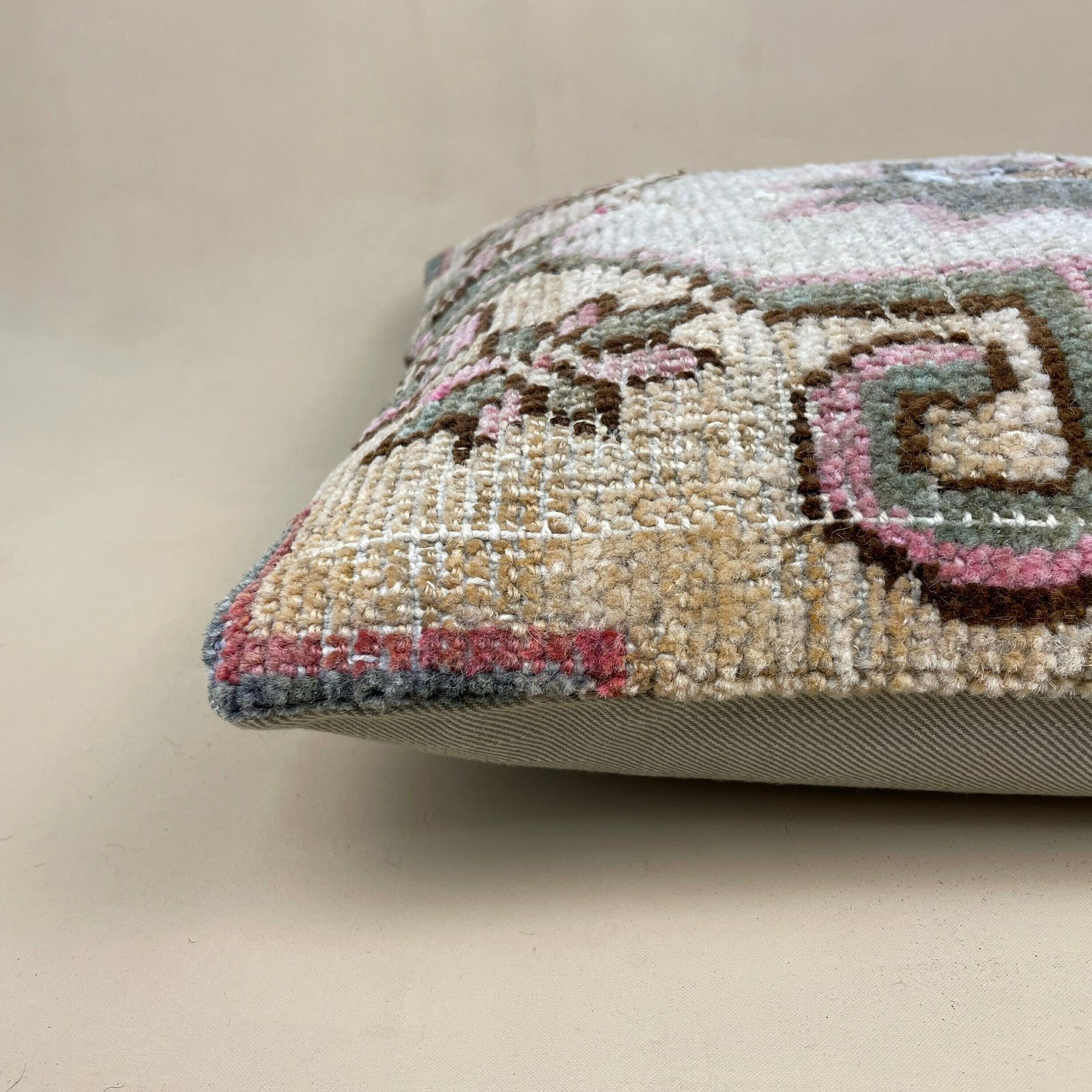 Antique Kilim Cushion Turkish Feather Filled Handwoven Patterned Beige Very Old photo for sale