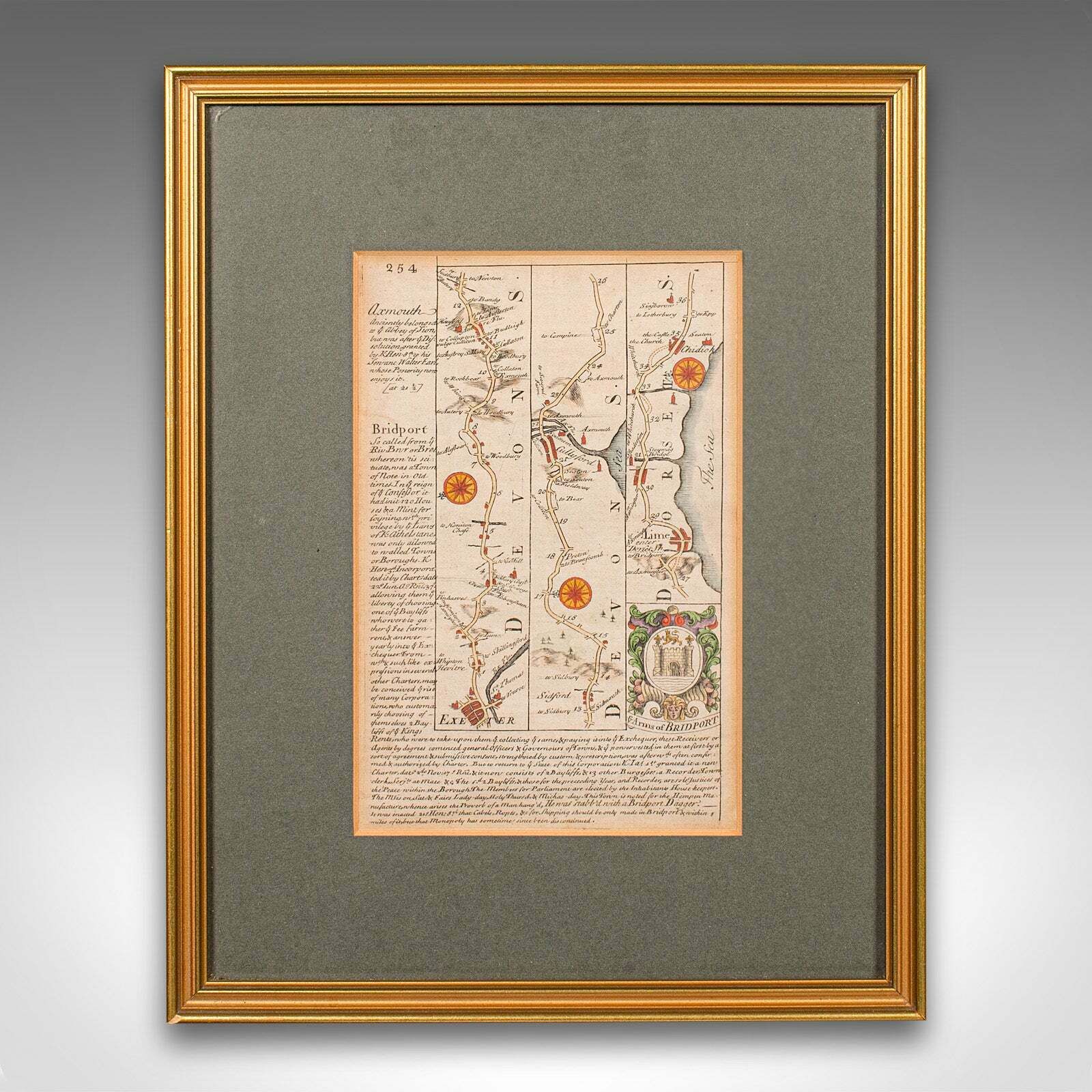 Antique Coach Road Map, East Devon, English, Framed, Cartography, Georgian, 1720 photo furniture