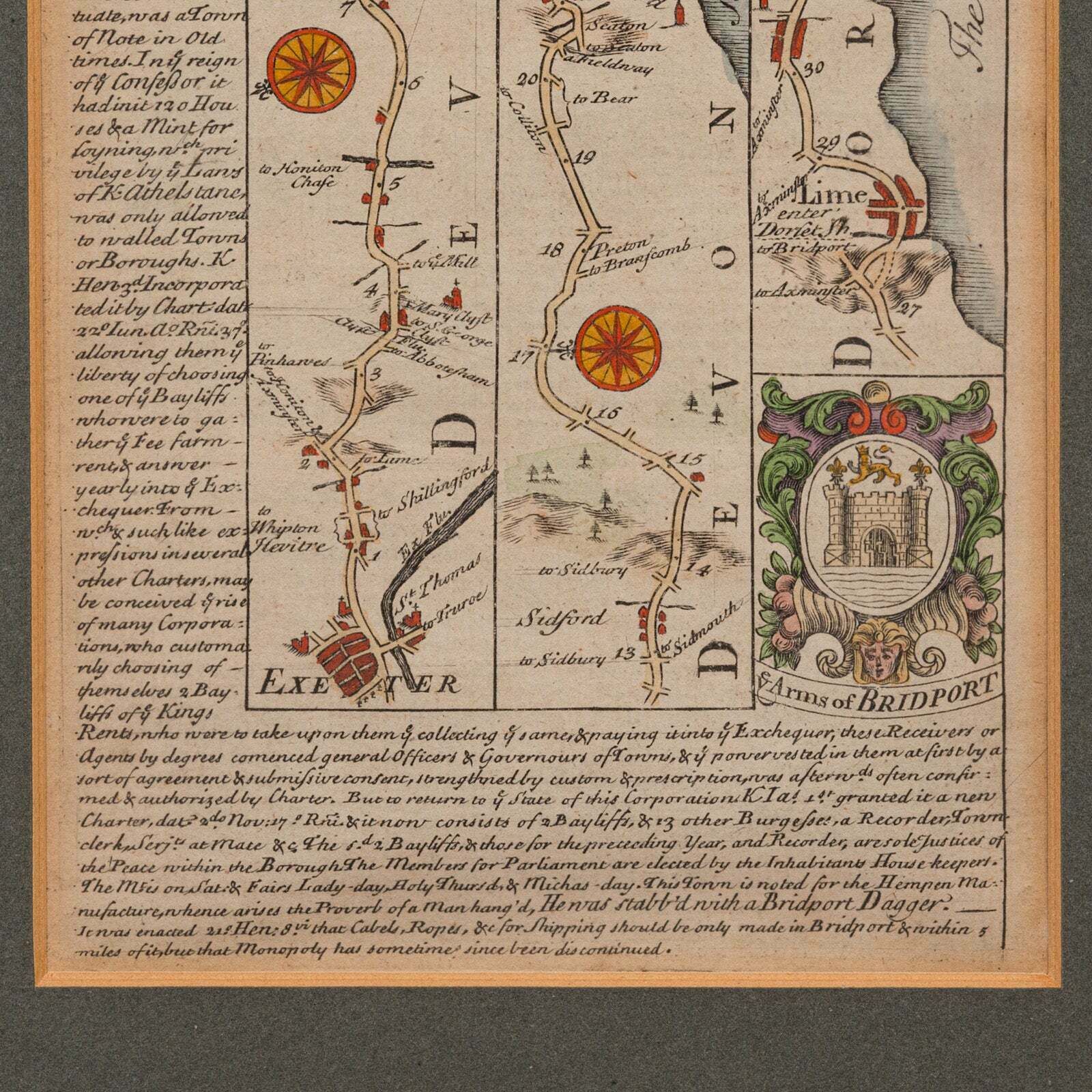 Antique Coach Road Map, East Devon, English, Framed, Cartography, Georgian, 1720 photo 295.0