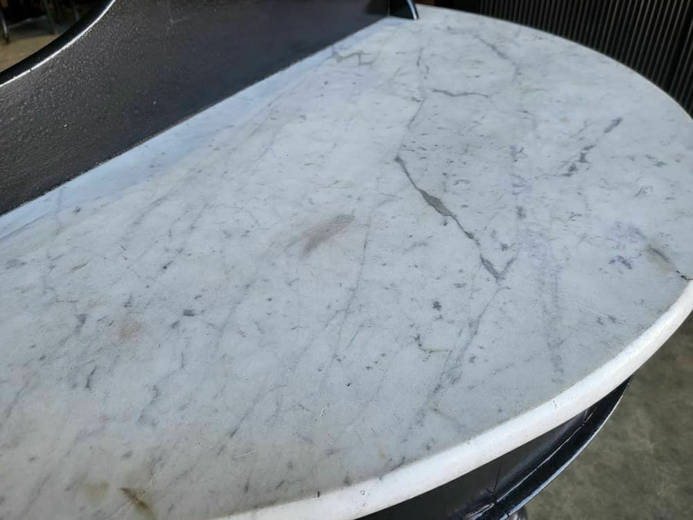 photo furniture Antique Victorian Demilune Black Marble Wash Stand Side Table Dogs Turned Legs