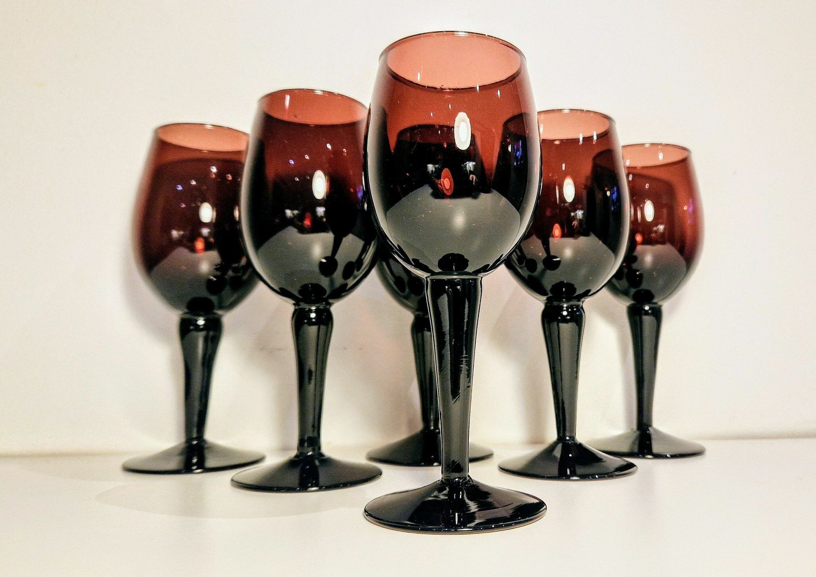 Set Of Six Amethyst Stemmed Small Wine Glasses