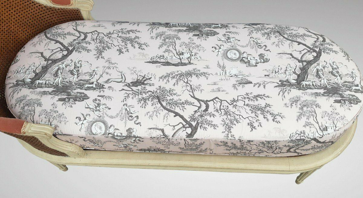 Louis XVI Style Daybed, 1800s, Antique In Cane With A Foam Seat Covered With Pink Toile De Jouy photo furniture