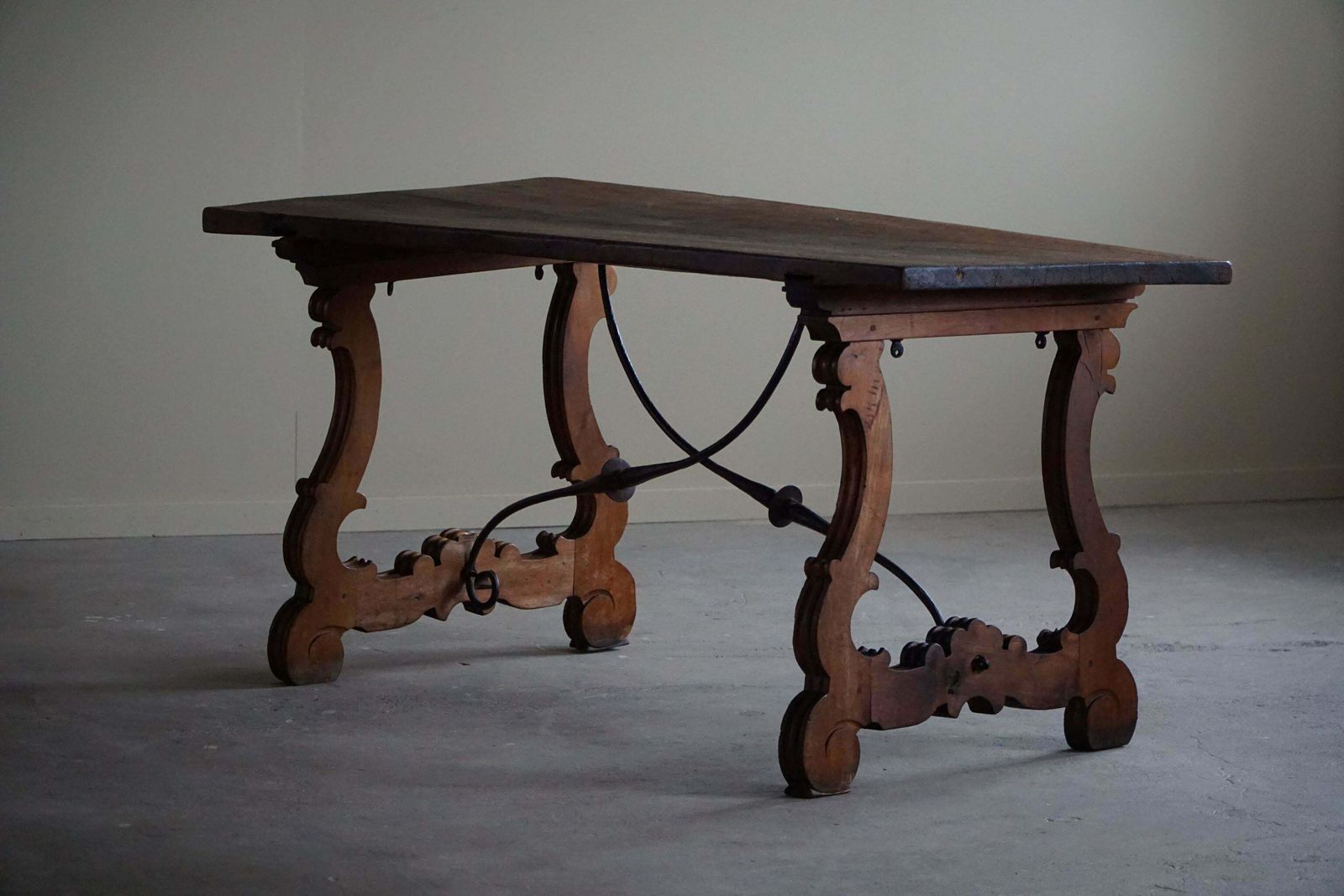 Antique Spanish Brutalist Table In Solid Oak & Wrought Iron, 19th Century photo Furniture