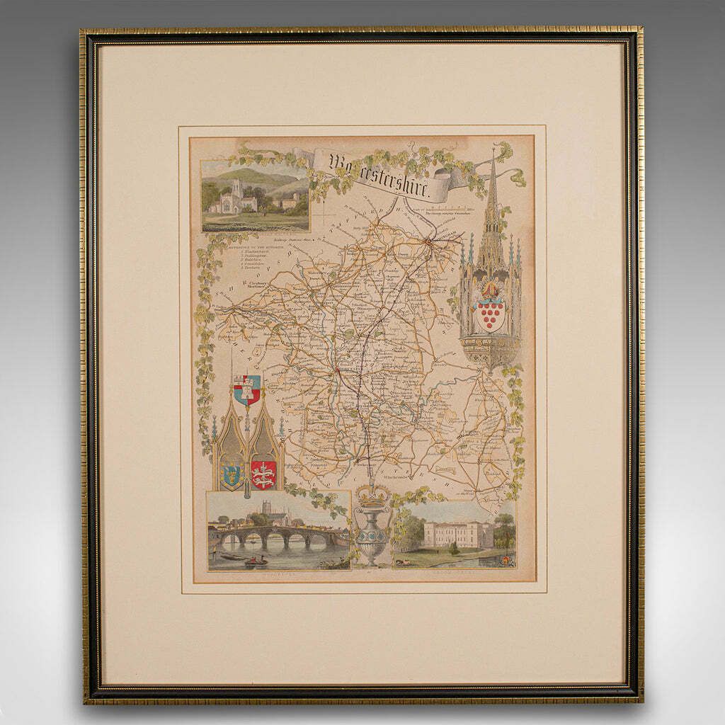 Antique Lithography Map, Worcestershire, English, Framed Engraving, Cartography photo furniture