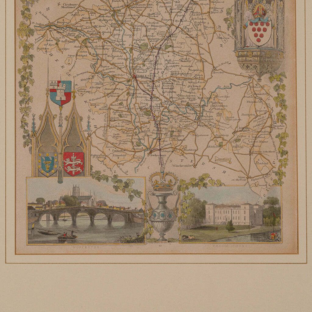 Antique Lithography Map, Worcestershire, English, Framed Engraving, Cartography photo 295.0