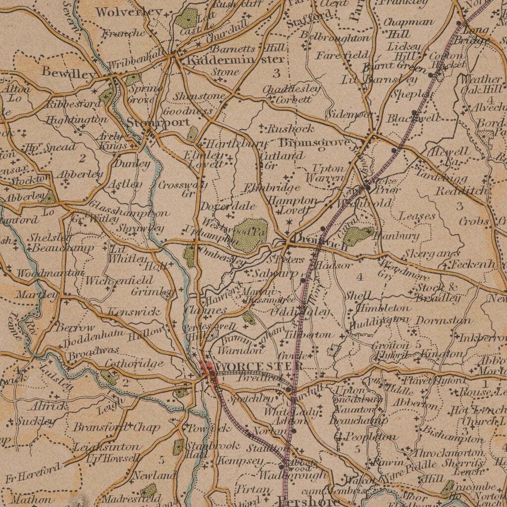 Art Antique Lithography Map, Worcestershire, English, Framed Engraving, Cartography photo