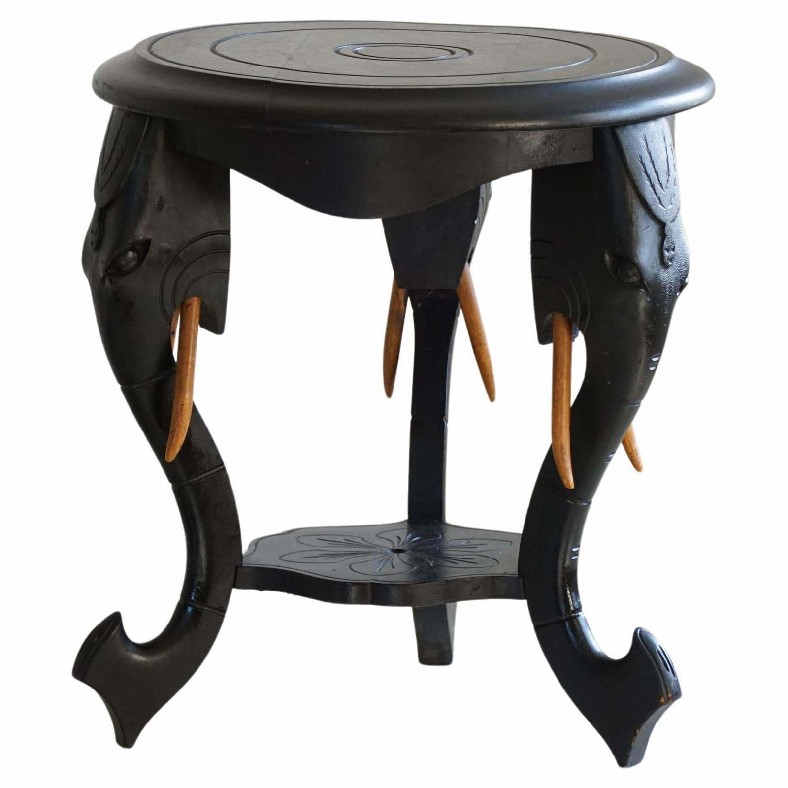 Ebonized Hardwood Side Table With 3 Elephant Head Legs, East Indian, 1920s