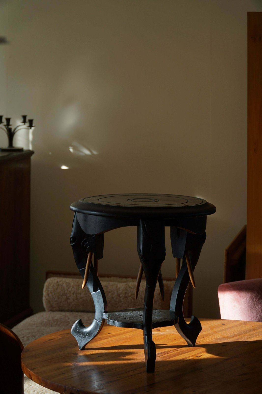 Ebonized Hardwood Side Table With 3 Elephant Head Legs, East Indian, 1920s photo Furniture