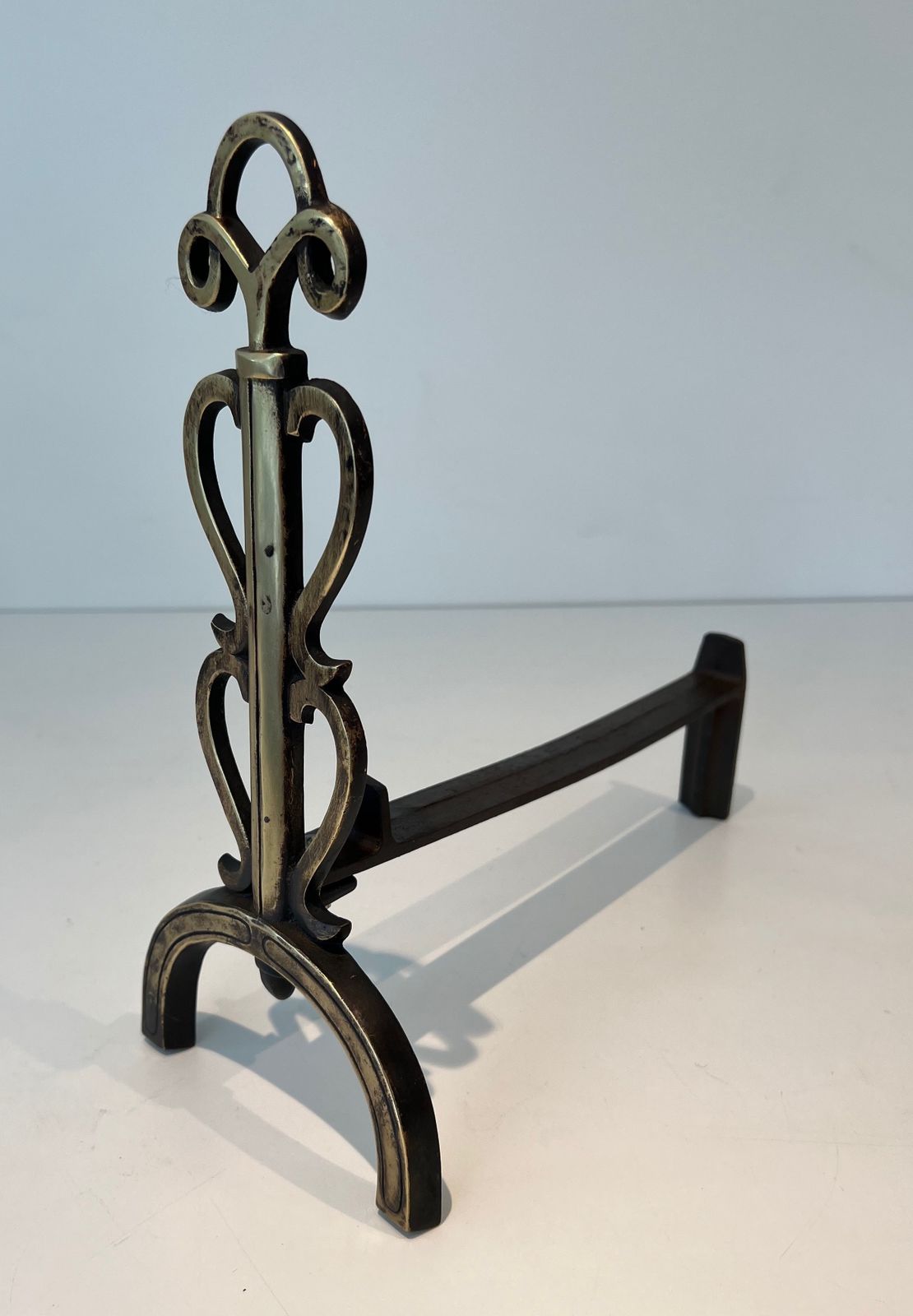 Pair Of Chenets In Brass And Wrought Iron In The Taste Of Raymond Subes photo for sale
