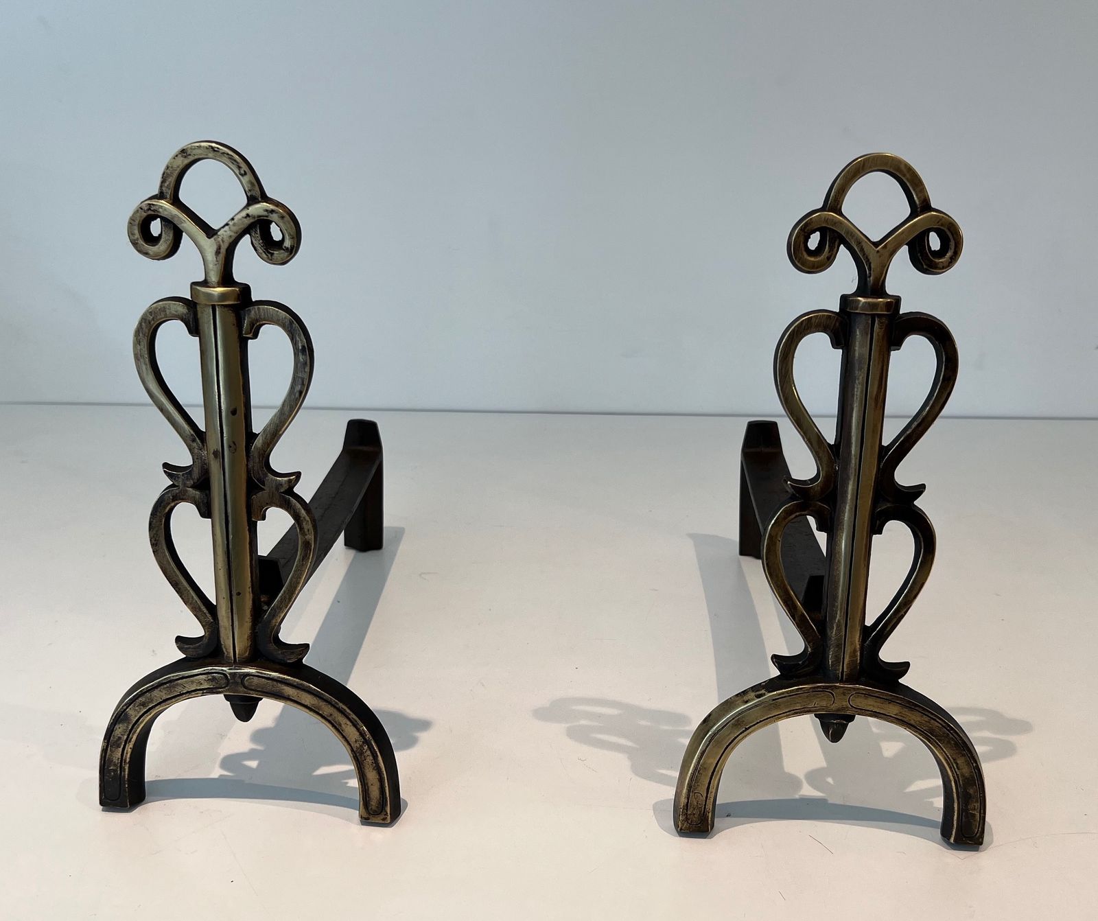 950.0 Pair Of Chenets In Brass And Wrought Iron In The Taste Of Raymond Subes photo