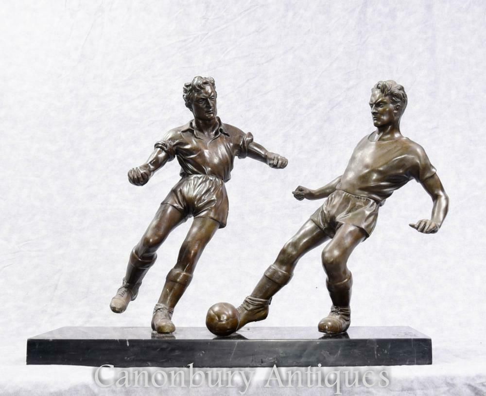 photo furniture Pair English Bronze Football Players Soccer Art Sport