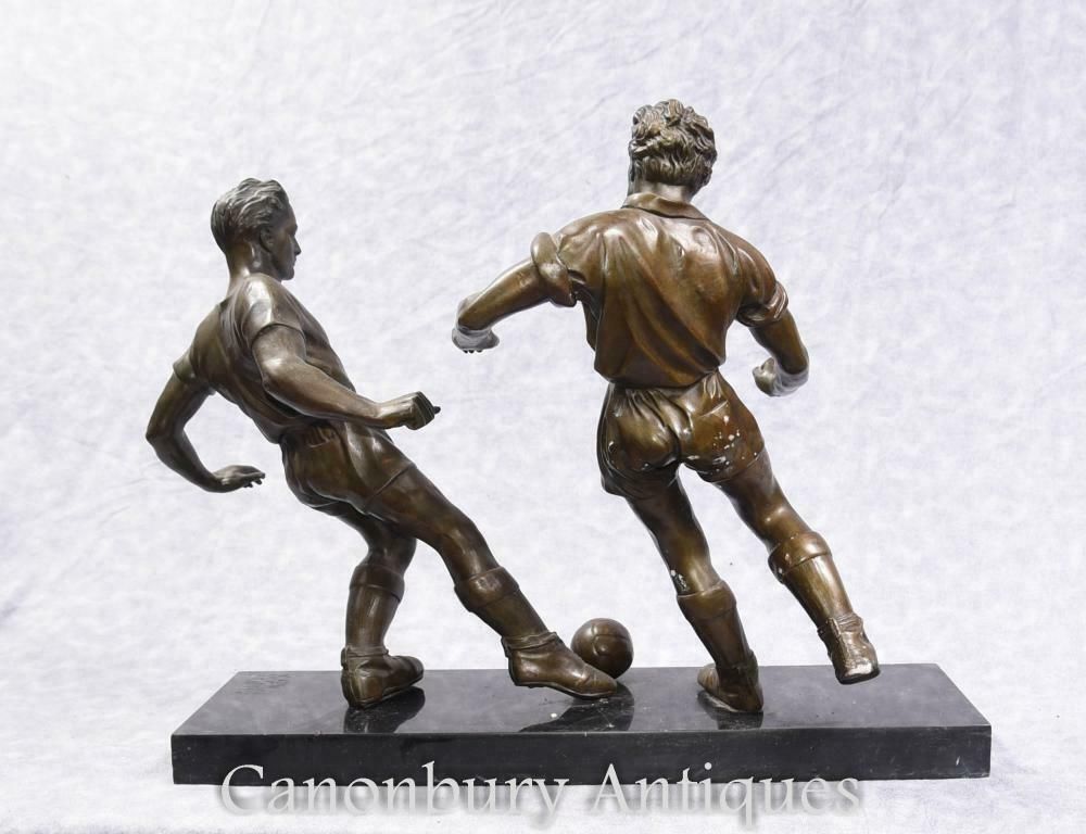 photo for sale Pair English Bronze Football Players Soccer Art Sport
