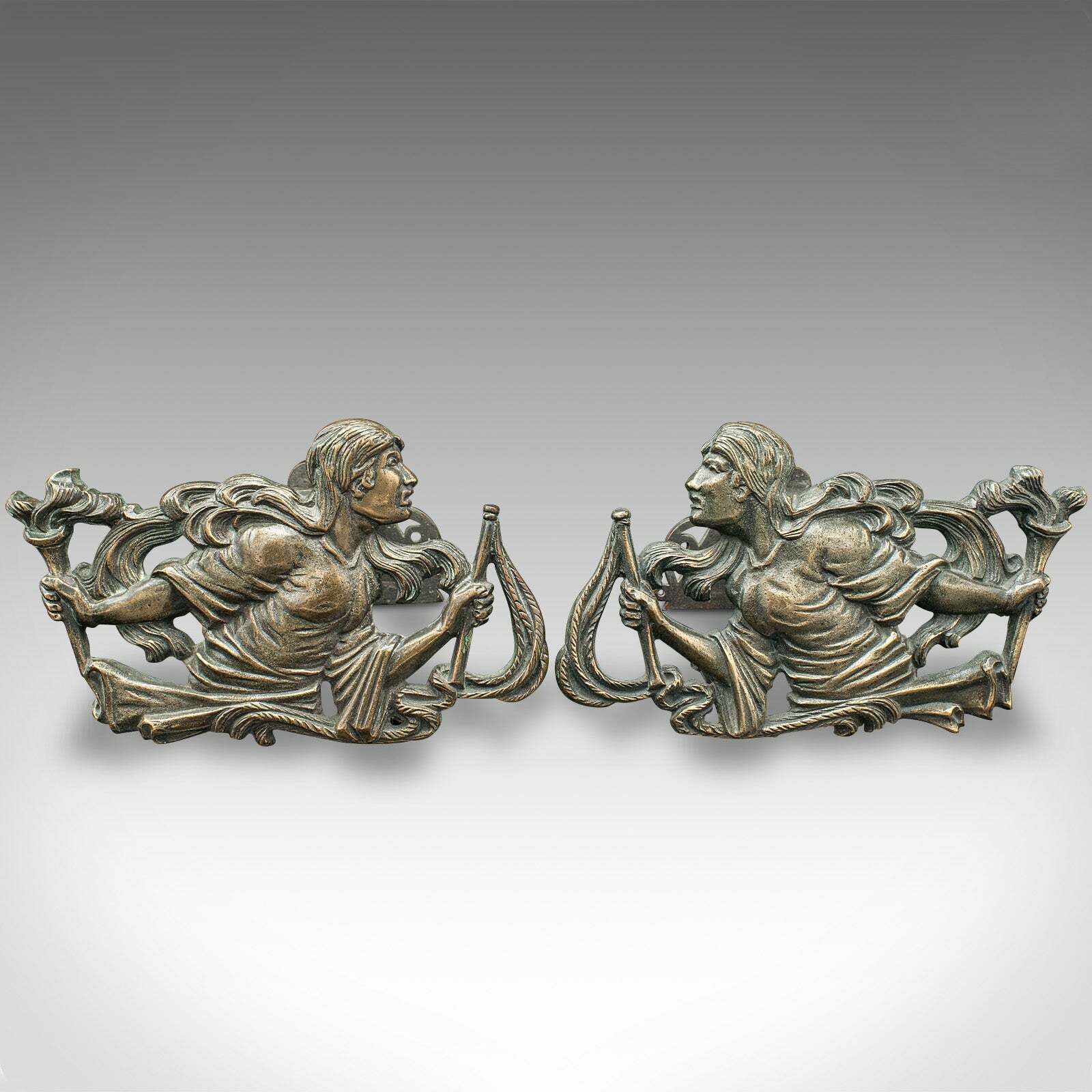 Pair Of Antique Figural Andirons, French Bronze, Fireside, Country House, C.1850 photo furniture
