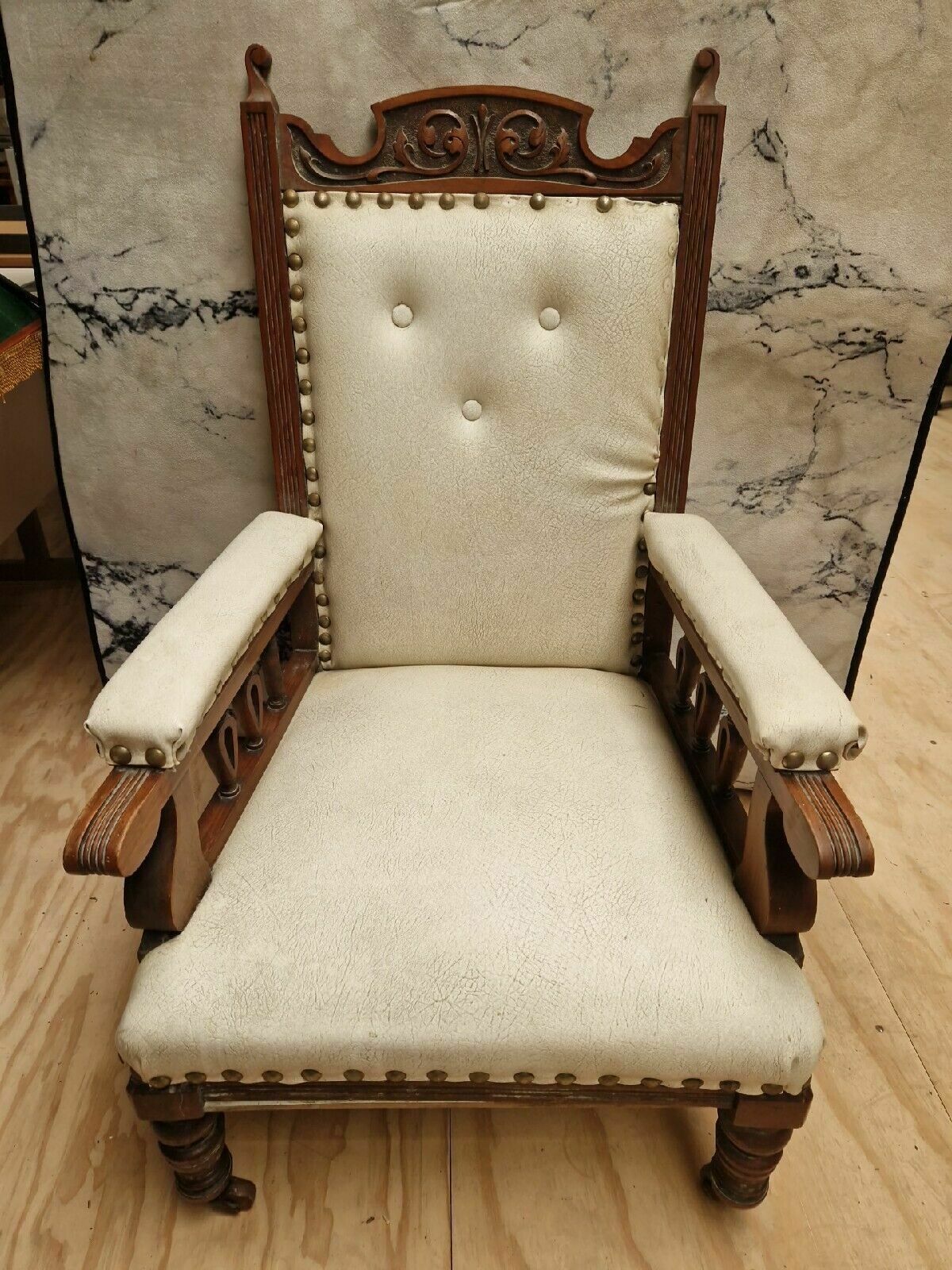 Large Vintage Leather And Wood Armchair