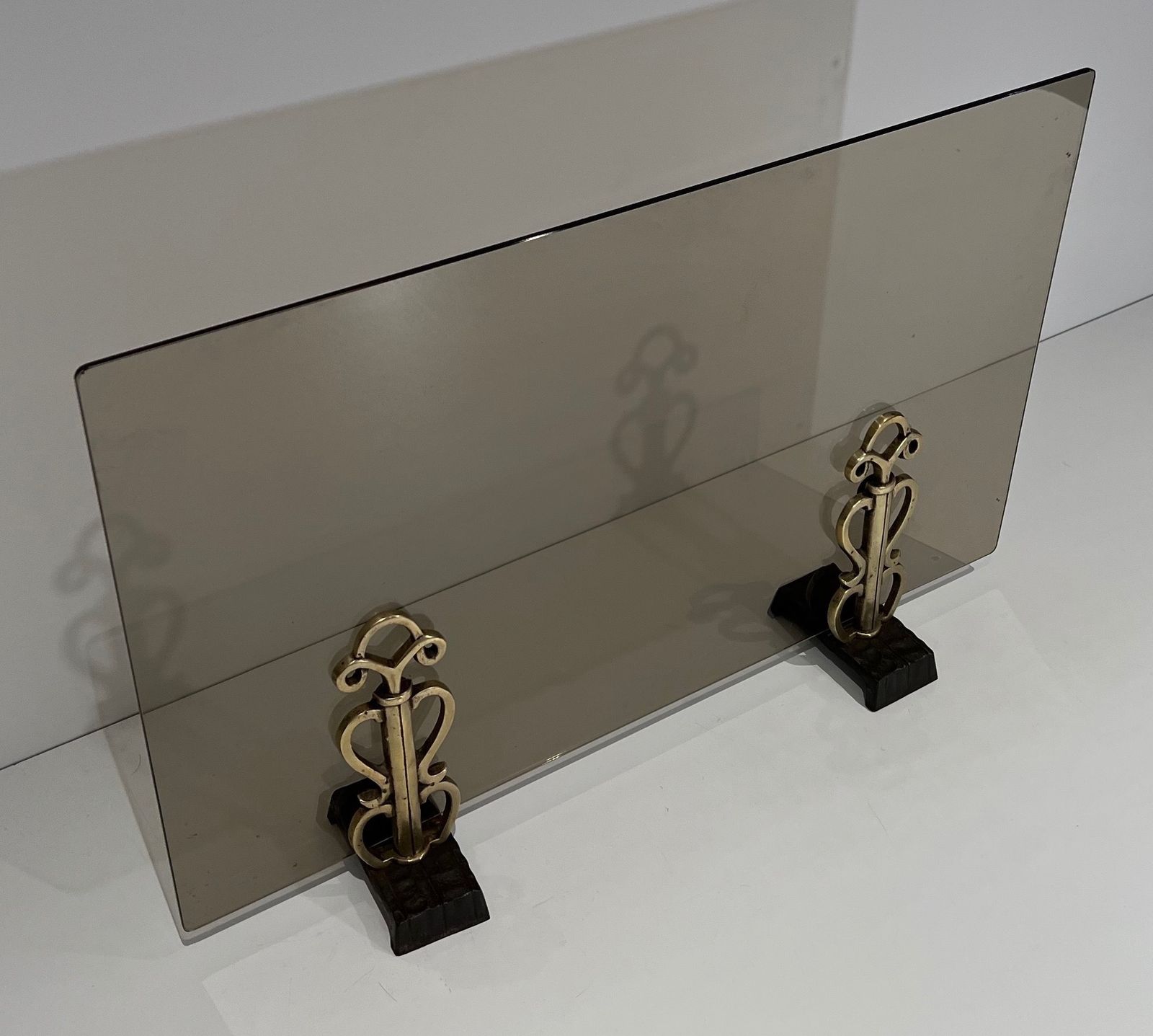 Modernist Fire Screen In Smoked Glass And Bronze photo for sale