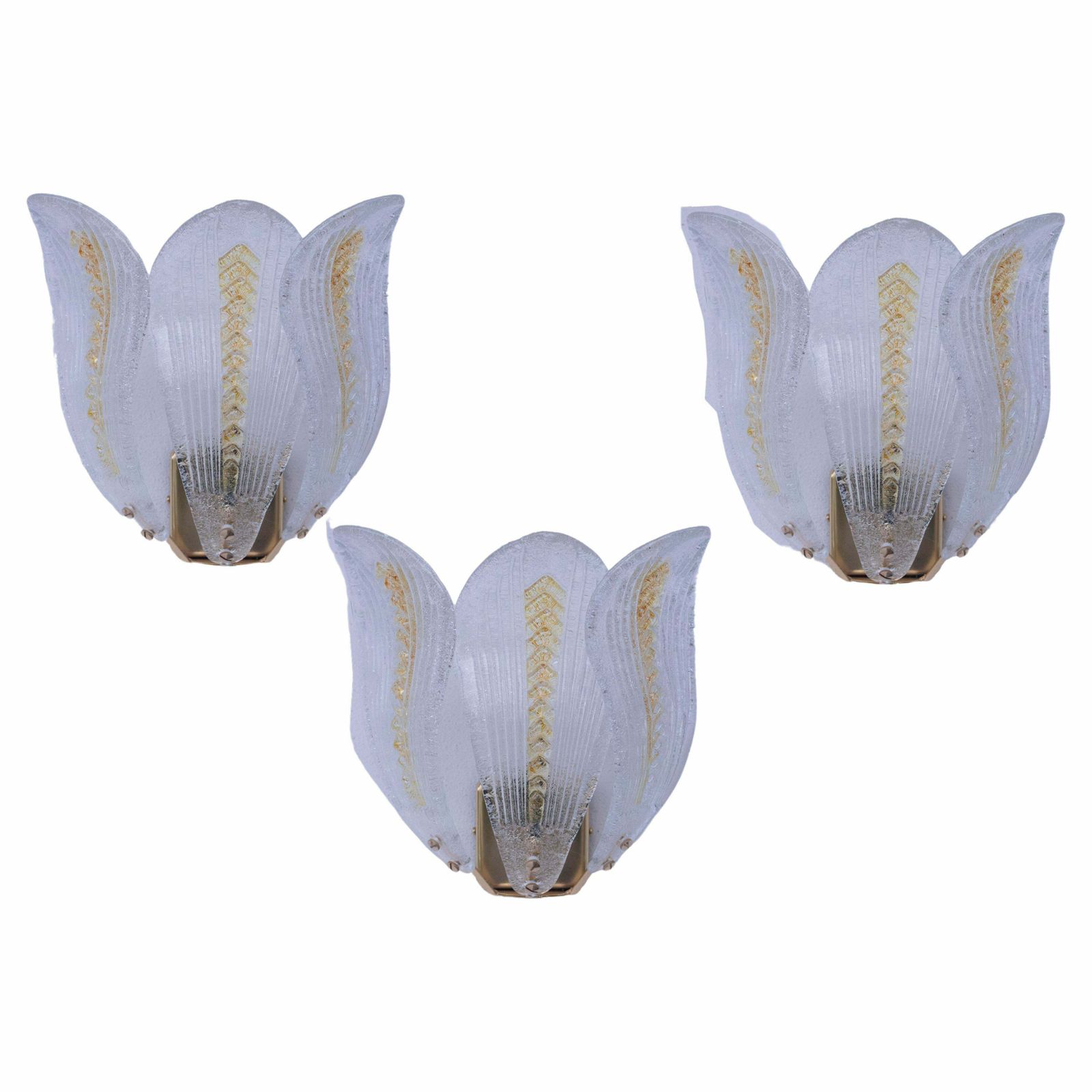 Set Of 3 Murano Wall Yellow Light Transparent Leaves, 1980s