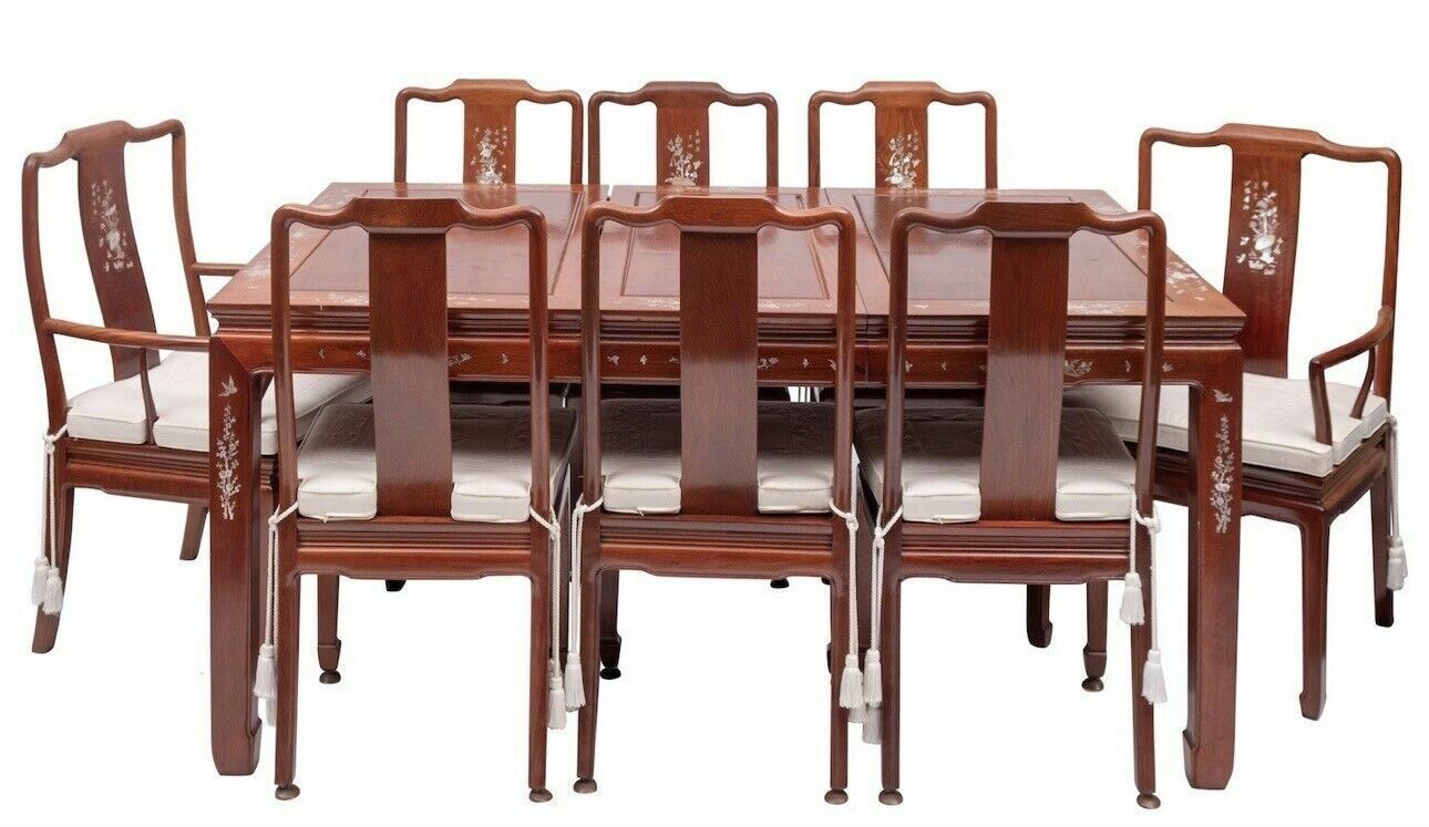 Stunning Asian Hardwood And Mother Of Pearl Inset Dining Table And Eight Chairs photo furniture