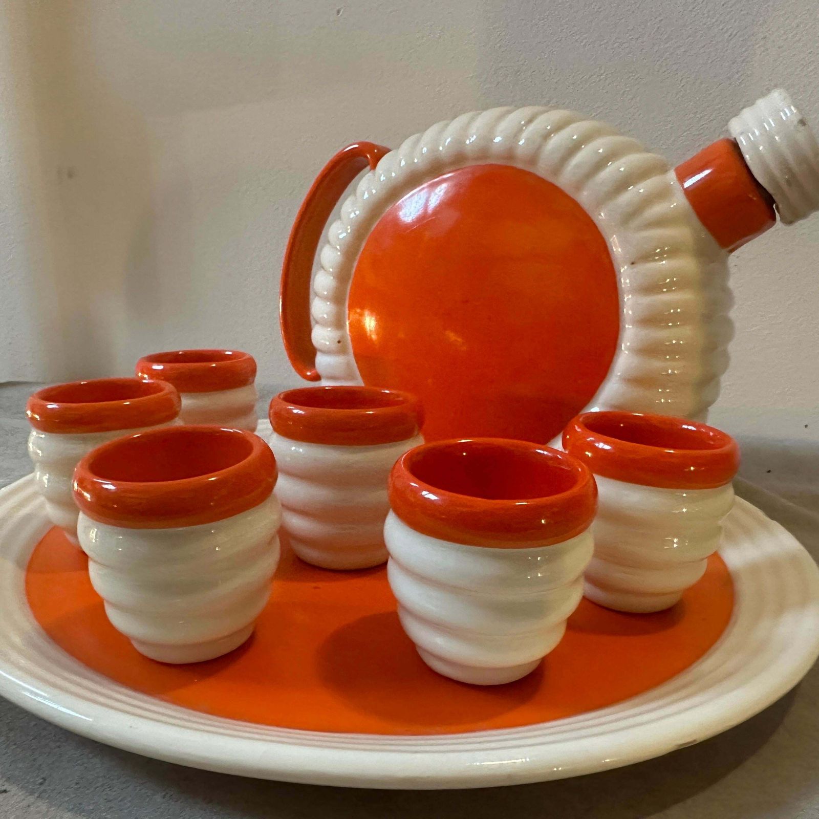 1930s Art Deco Orange And White Ceramic Rosolio Set By Rometti Umbertide photo 490.0