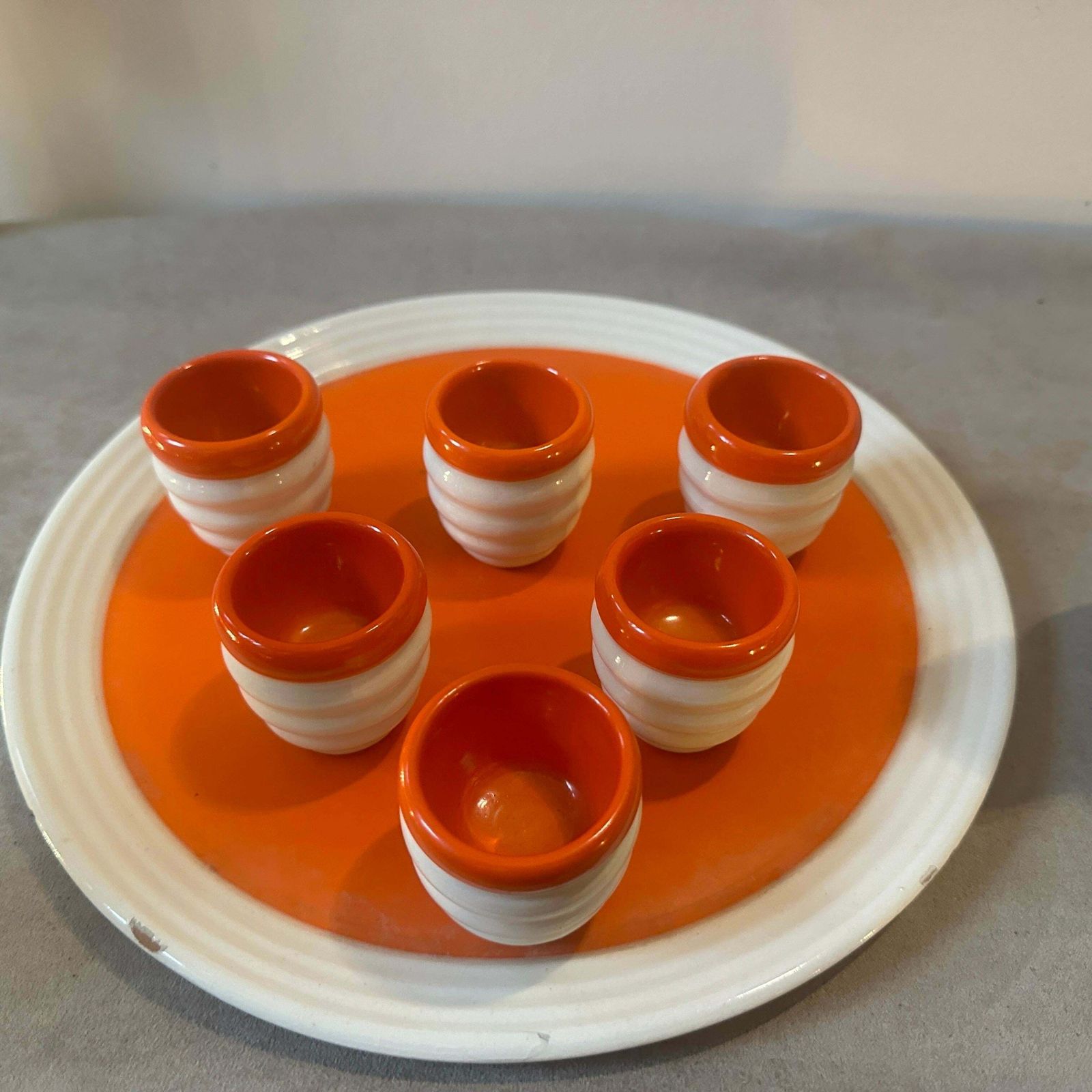 photo buy 1930s Art Deco Orange And White Ceramic Rosolio Set By Rometti Umbertide