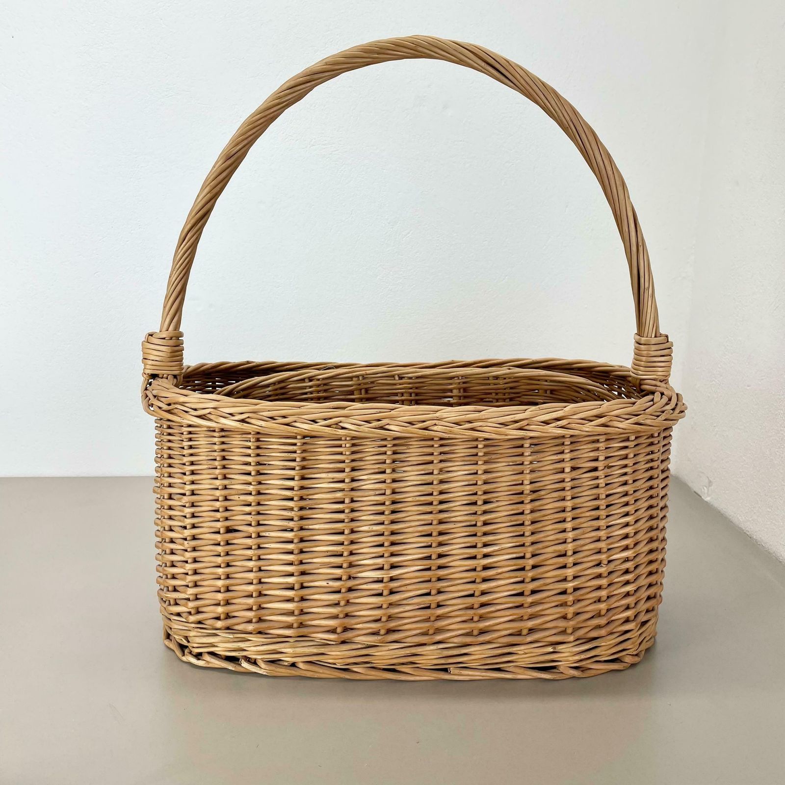 Large Aubock Style Midcentury Rattan Bauhaus Magazine Holder, France, 1970s photo furniture