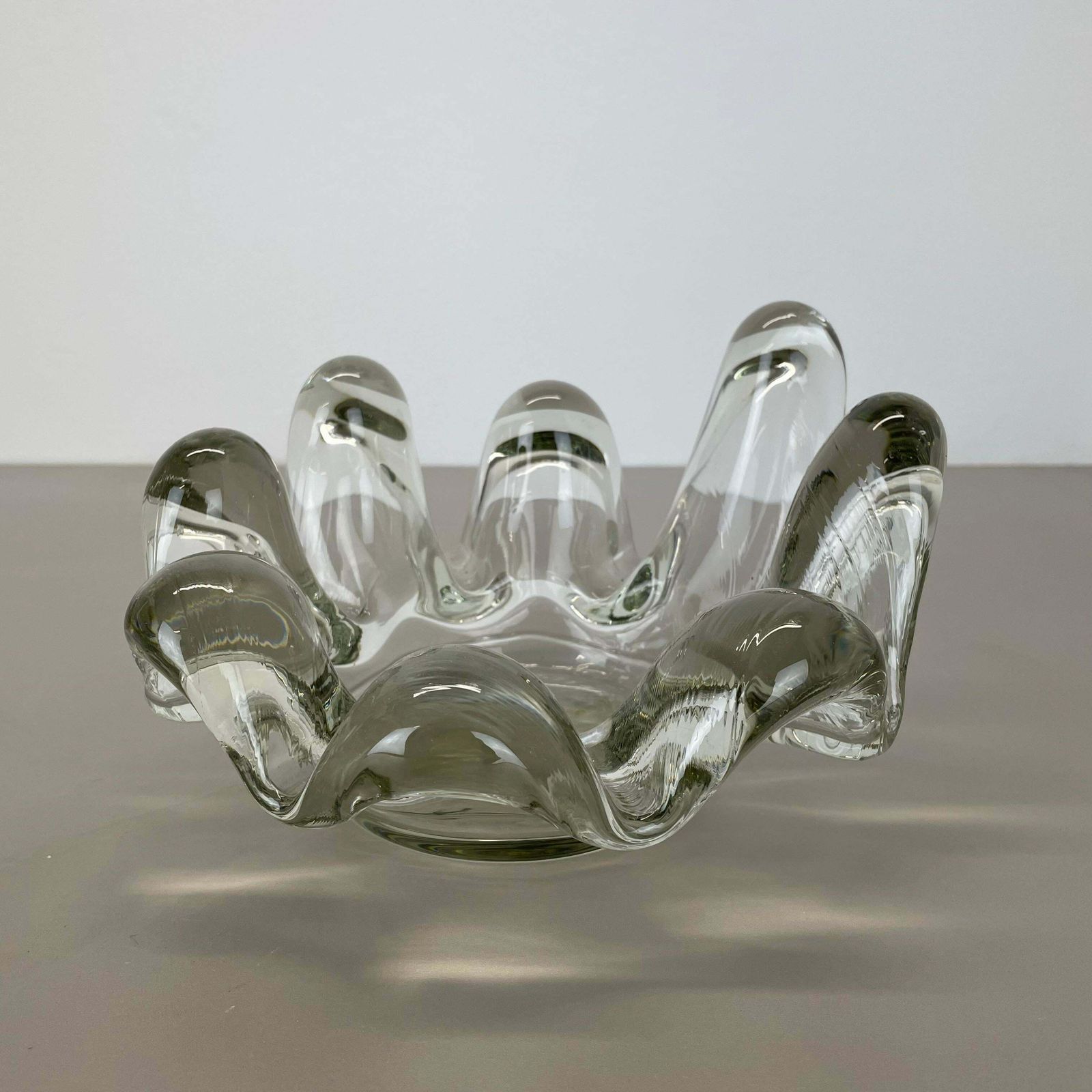 Large 3.2kg Lucid Glass "Brutalist" Bowl Element Shell Ashtray, France, 1970s photo furniture